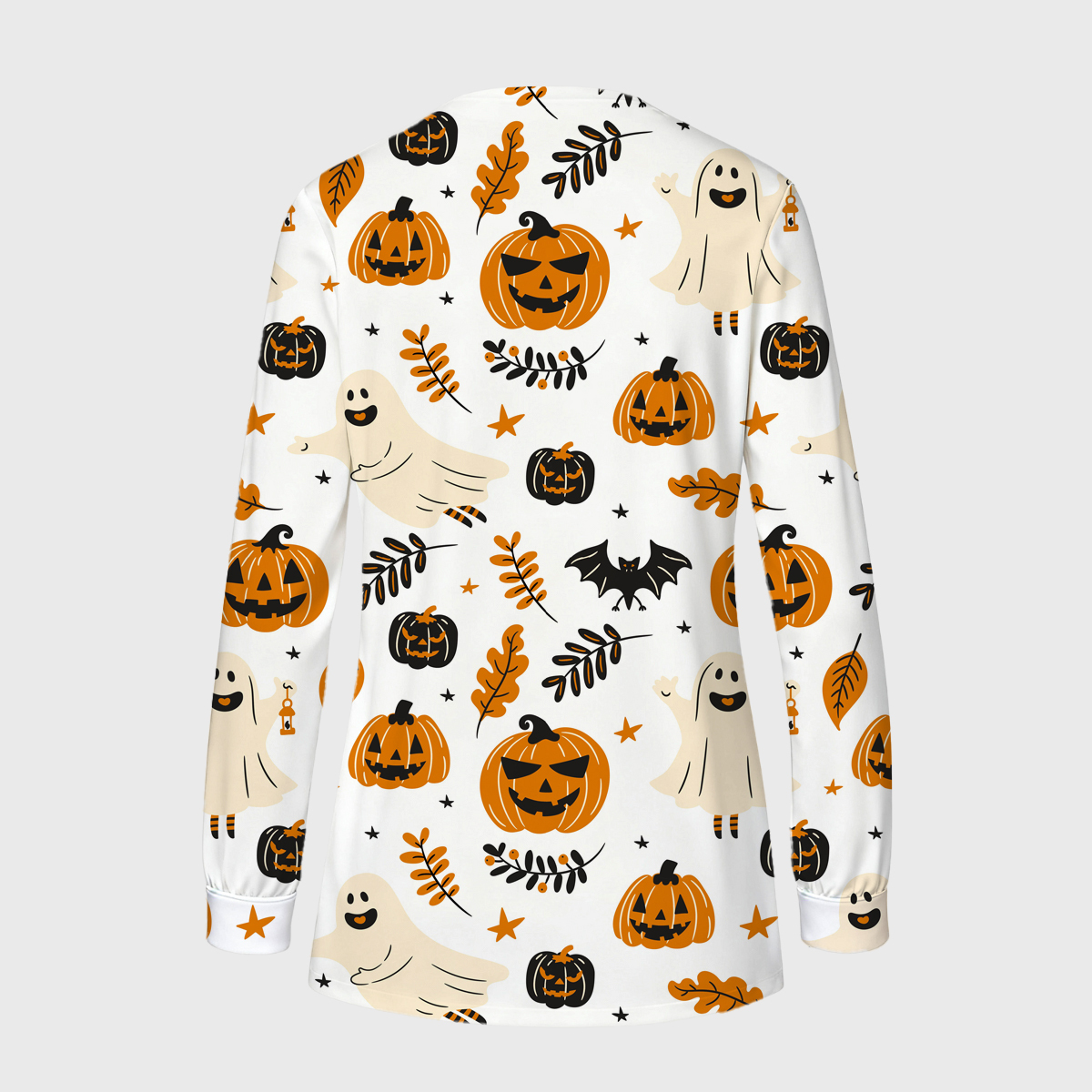 Halloween Long Sleeve Snap-Front Pumpkin Print Lightly Fleece Scrub Jacket