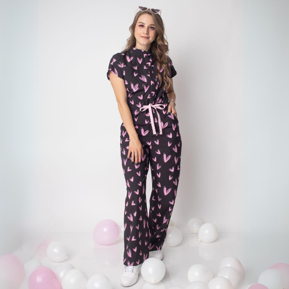 Women's Pink Heart Print Long Flared Cut Scrub Jumpsuit