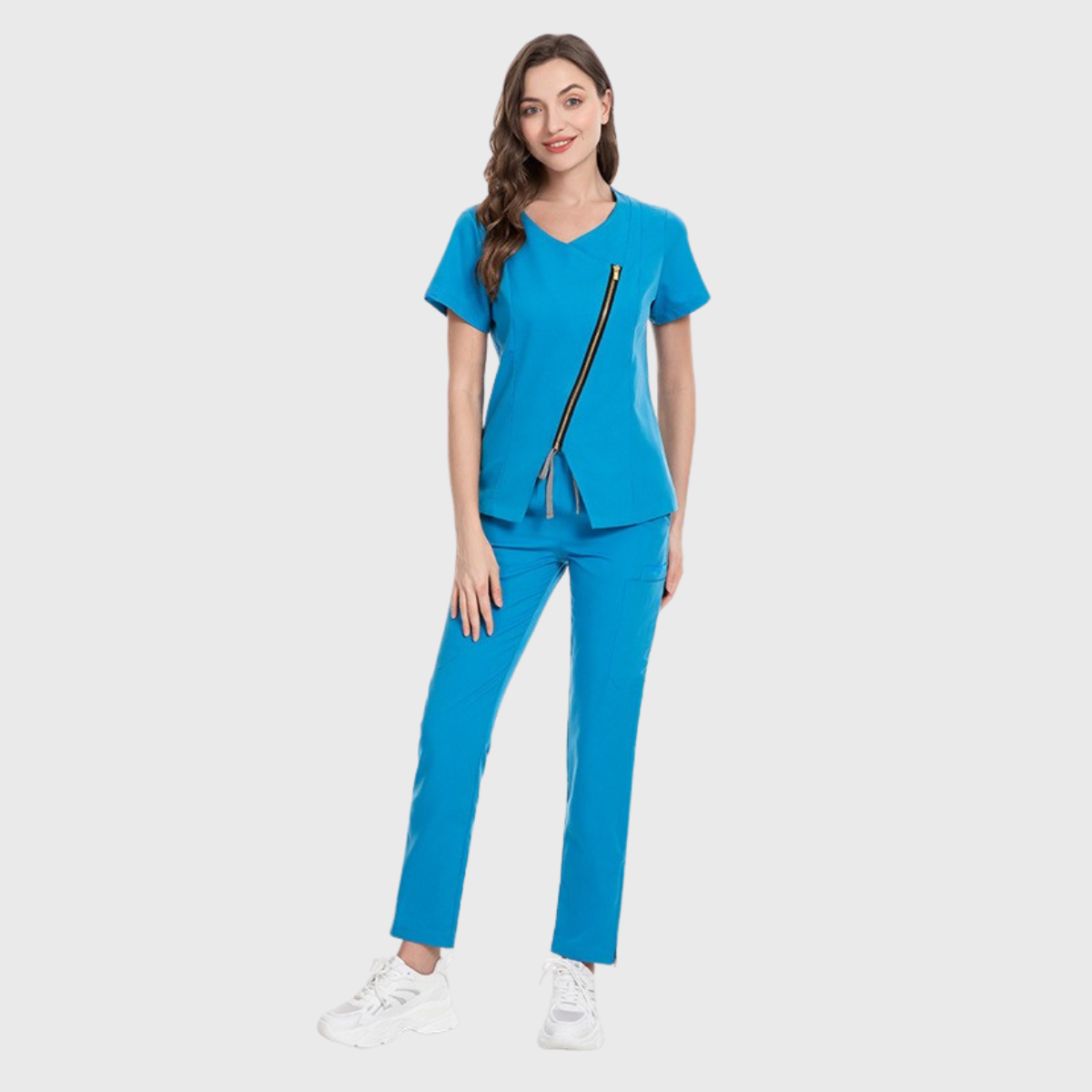 Women's Short-Sleeved Diagonal Zipper Scrub Set S3
