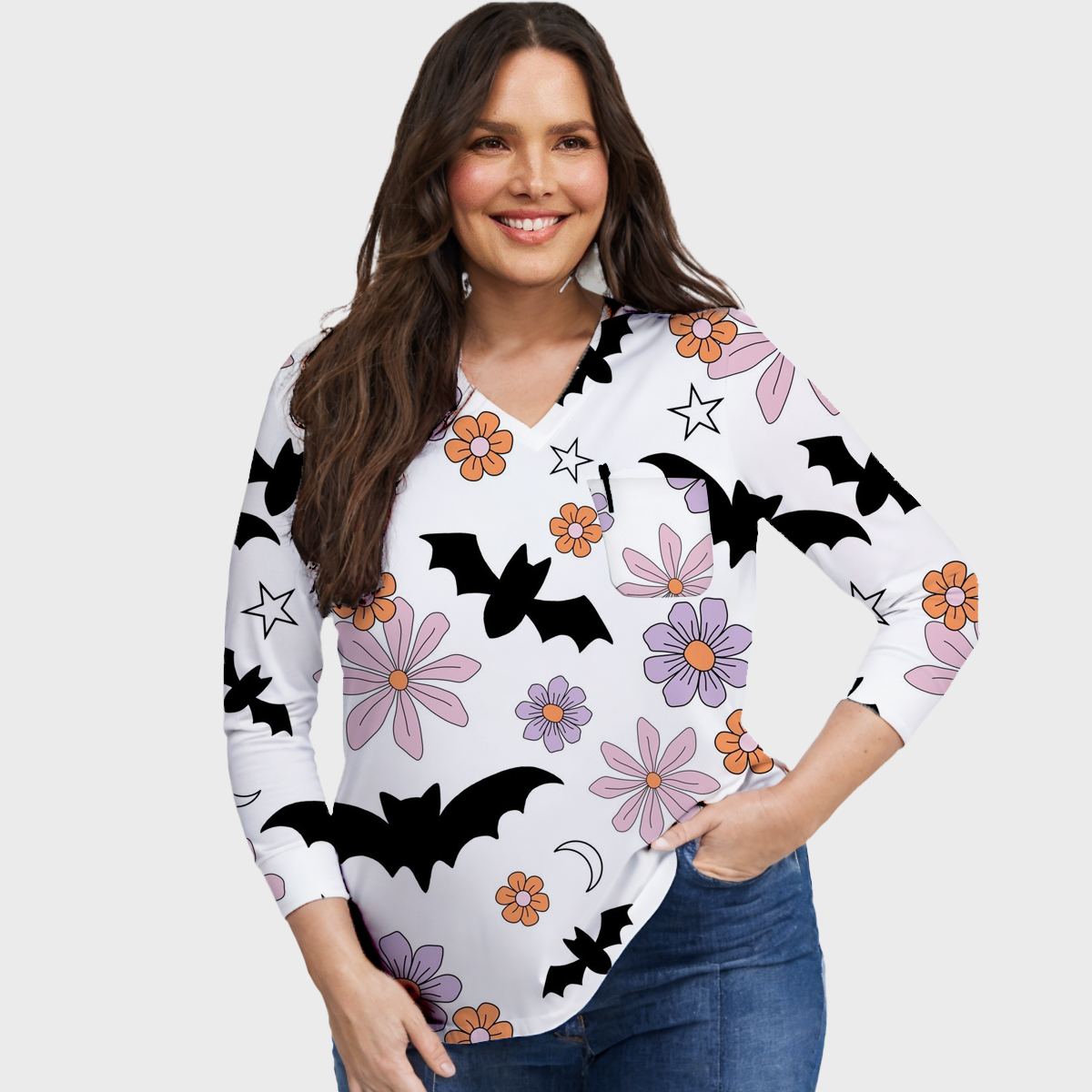 Halloween Easy STRETCH Women's Long Sleeve Cute Printed Scrub Top
