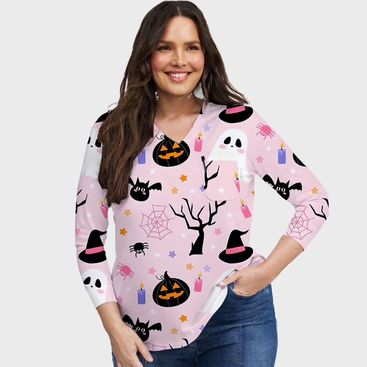 Halloween Easy STRETCH Women's Long Sleeve Pink Printed Scrub Top