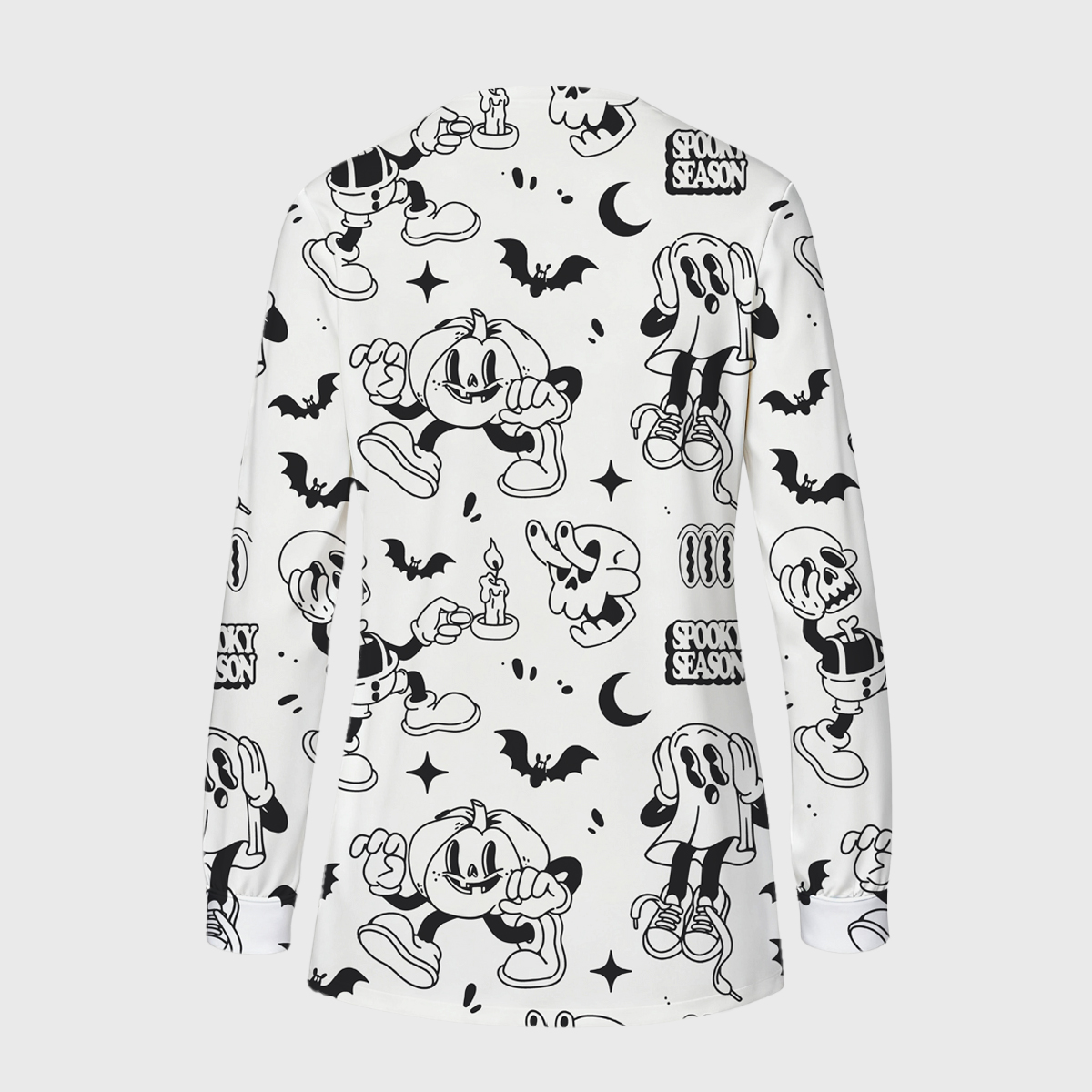 Halloween Long Sleeve Snap-Front Spooky Print Lightly Fleece Scrub Jacket
