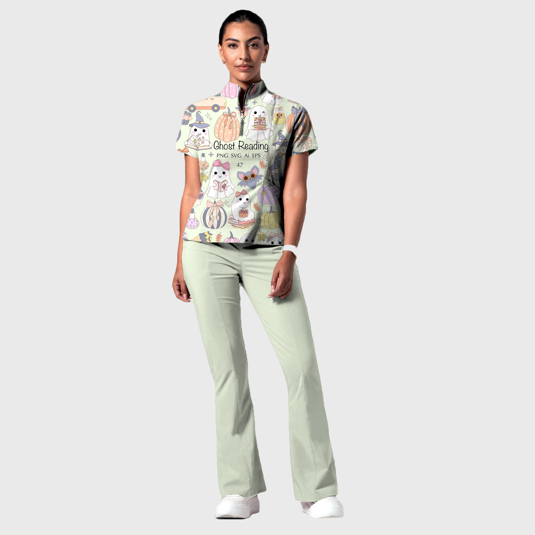 Women's Stand-Up Tie Zipper Cartoon Printed Scrub Set ST9126