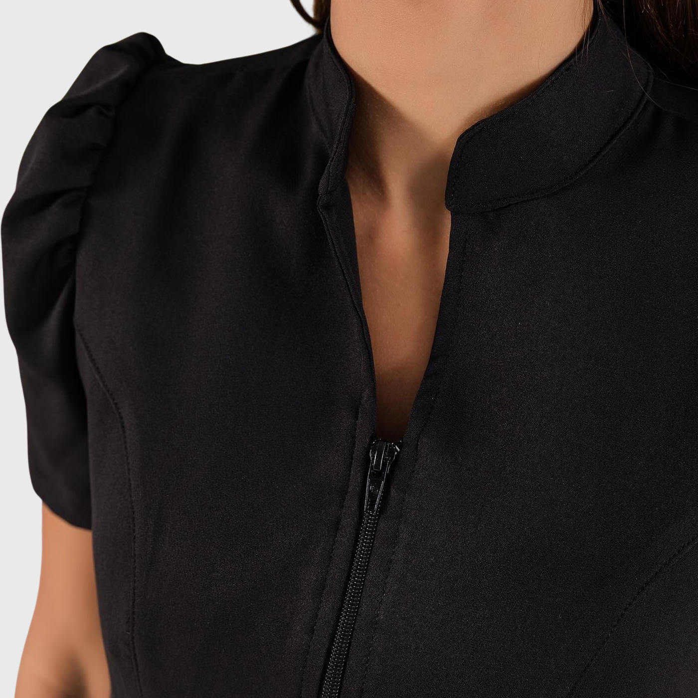 Women's Mandarin Collar Front Zip Scrub Top with Puff Sleeve