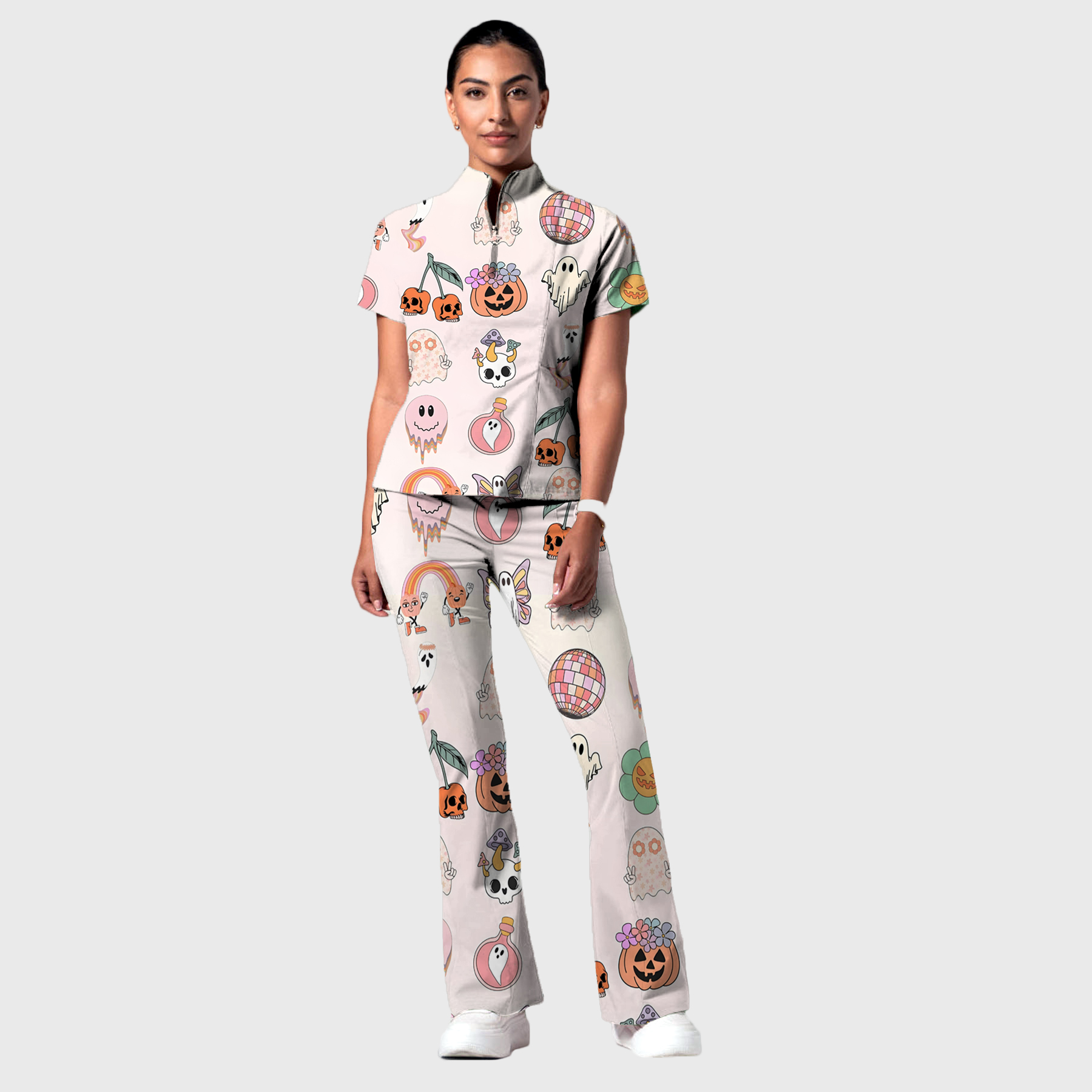 Women's Stand-Up Tie Zipper Cartoon Printed Scrub Set ST9122