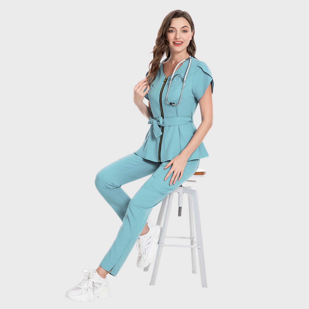 Women's Waist Belt Zipper Scrub Set S5