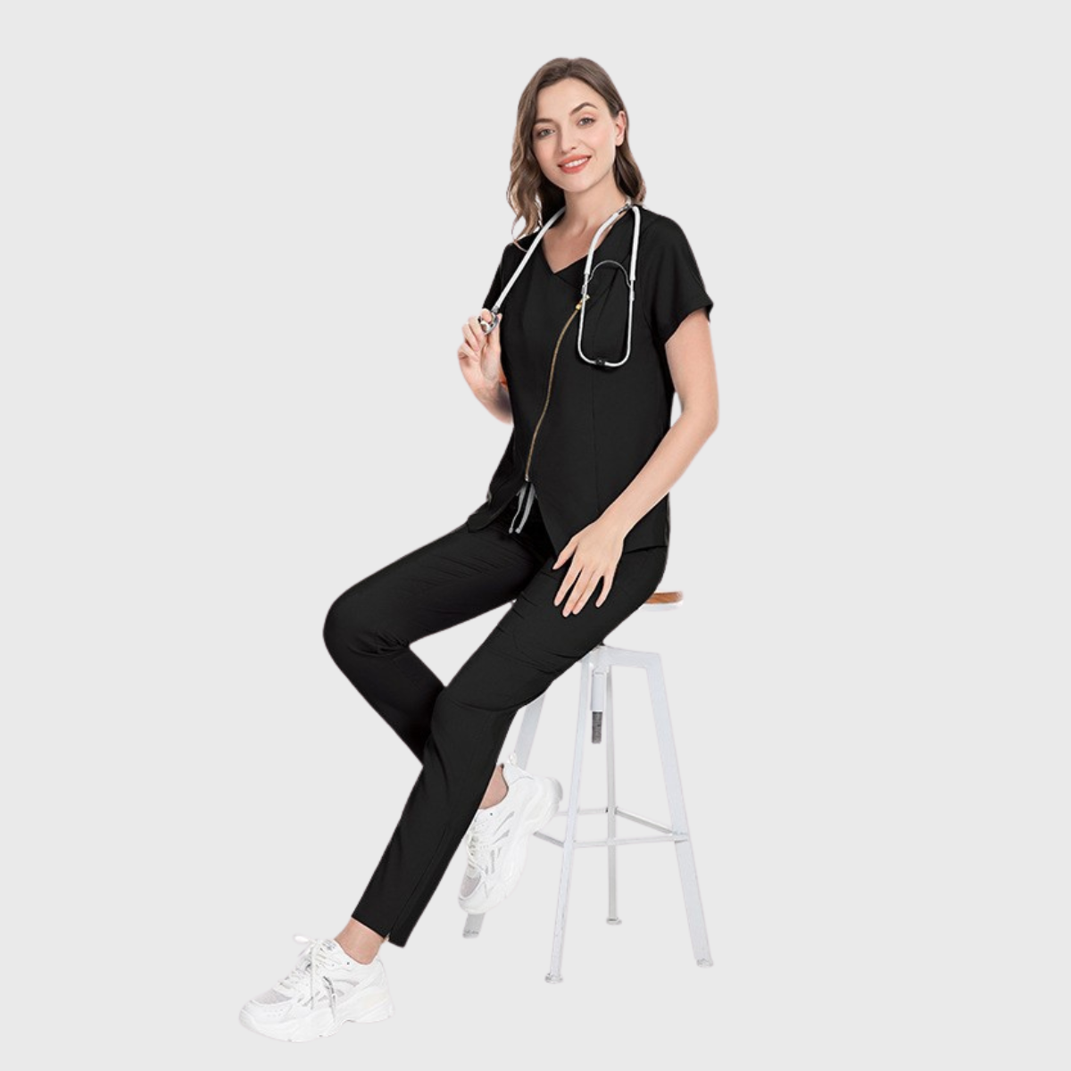 Women's Short-Sleeved Diagonal Zipper Scrub Set S3