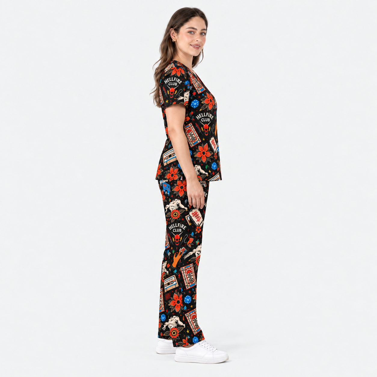Women's Retro Remix Printed V-Neck Scrub Set