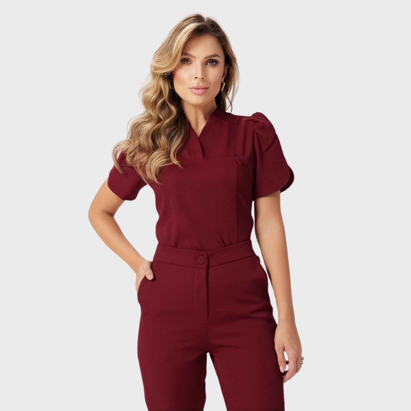 Women's Puff Sleeve Open Mandarin Collar Scrub Top