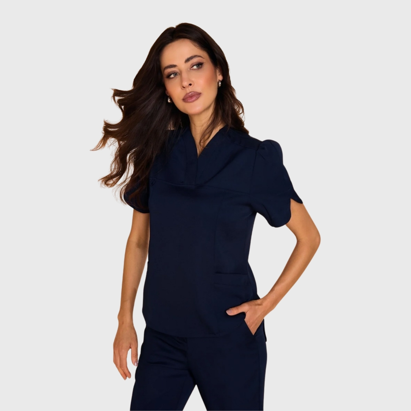 Women's Puff Sleeve Open Mandarin Collar Scrub Top