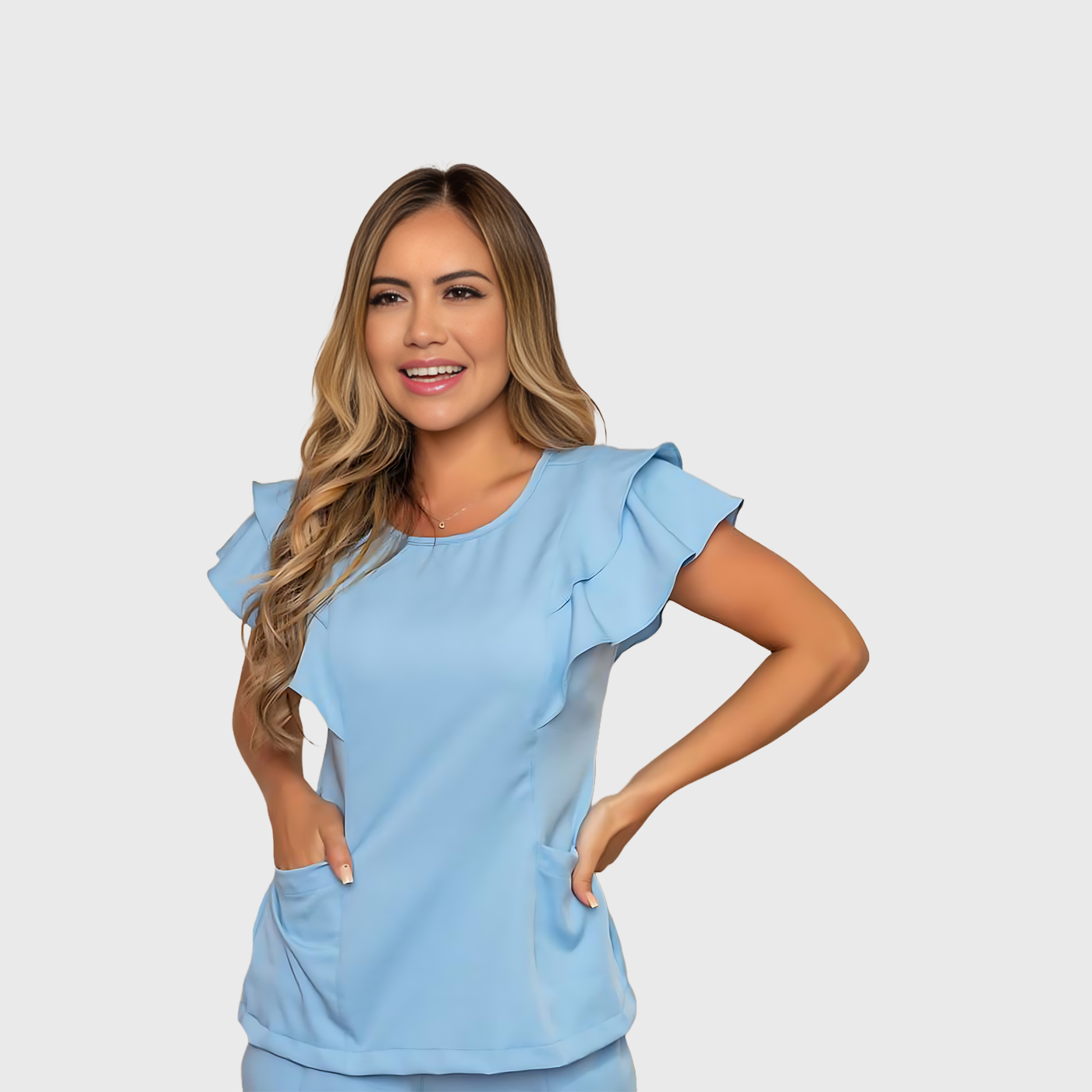 Women's Crew Neck Scrub Top with Ruffle Sleeve