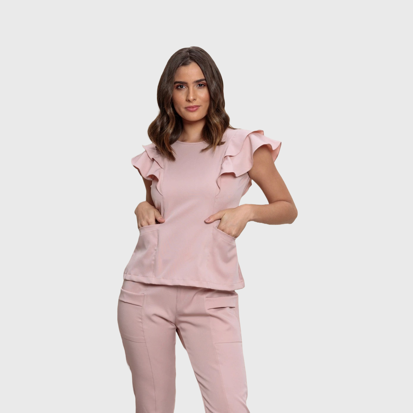 Women's Crew Neck Scrub Top with Ruffle Sleeve