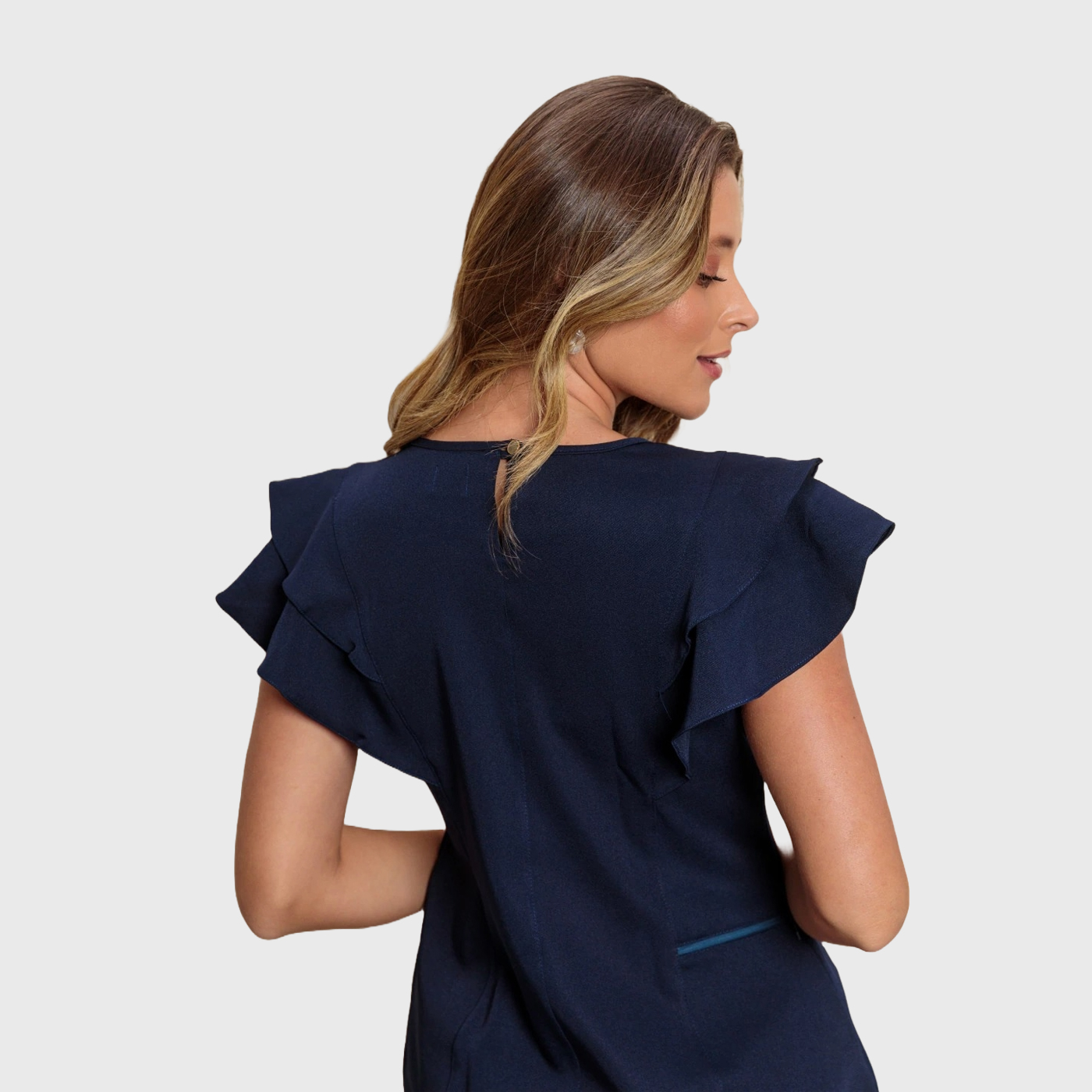 Women's Crew Neck Scrub Top with Ruffle Sleeve