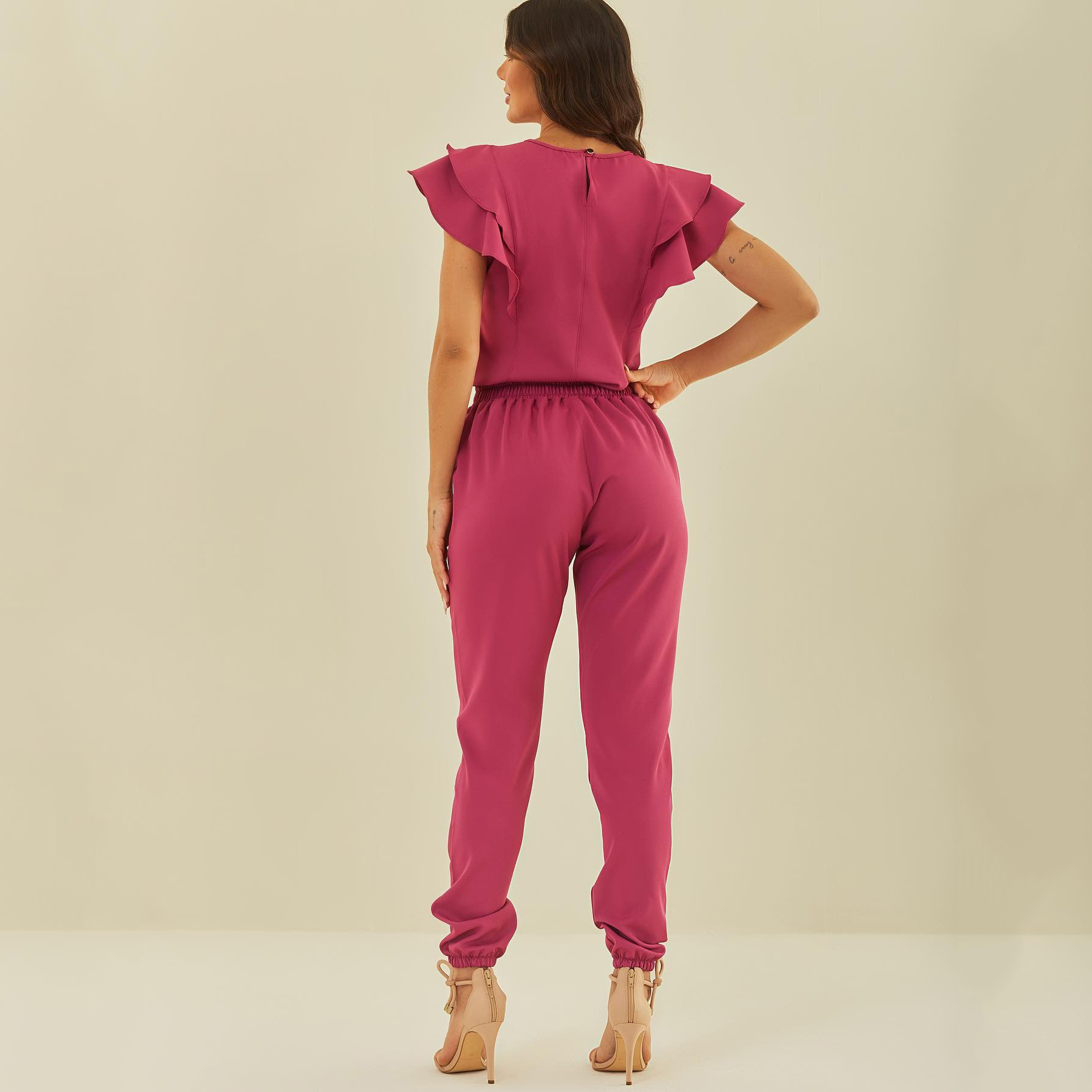 Women's Crew Neck Scrub Top with Ruffle Sleeve