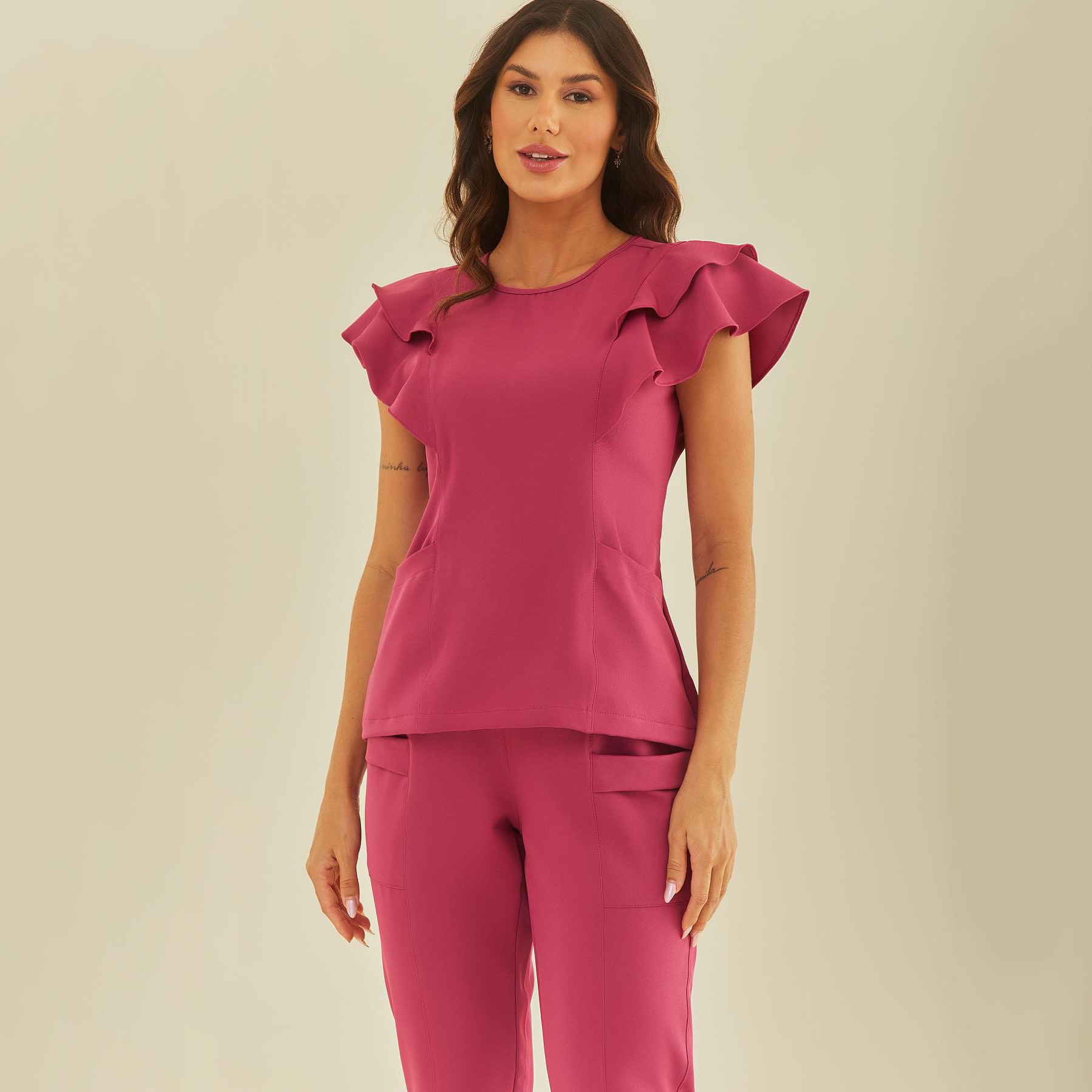 Clara Women's Elegant Ruffle Sleeve Scrub Top with 3 Pockets