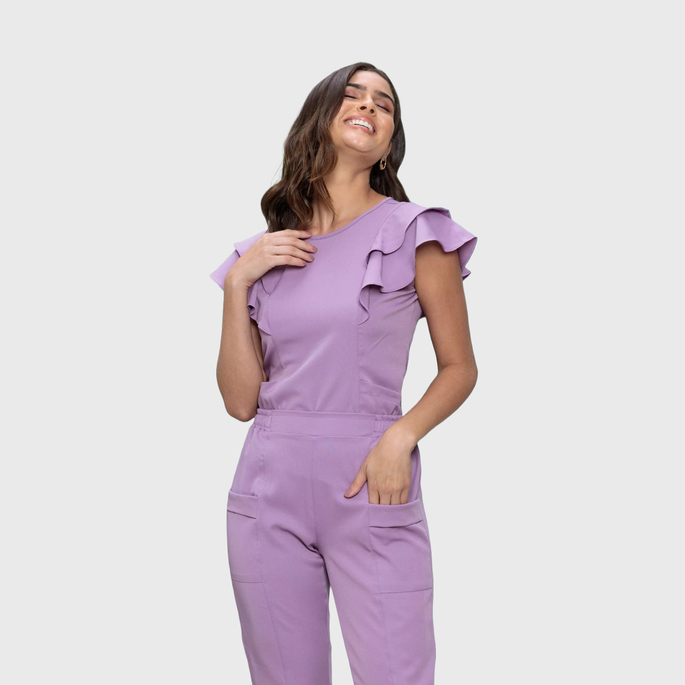 Women's Crew Neck Scrub Top with Ruffle Sleeve
