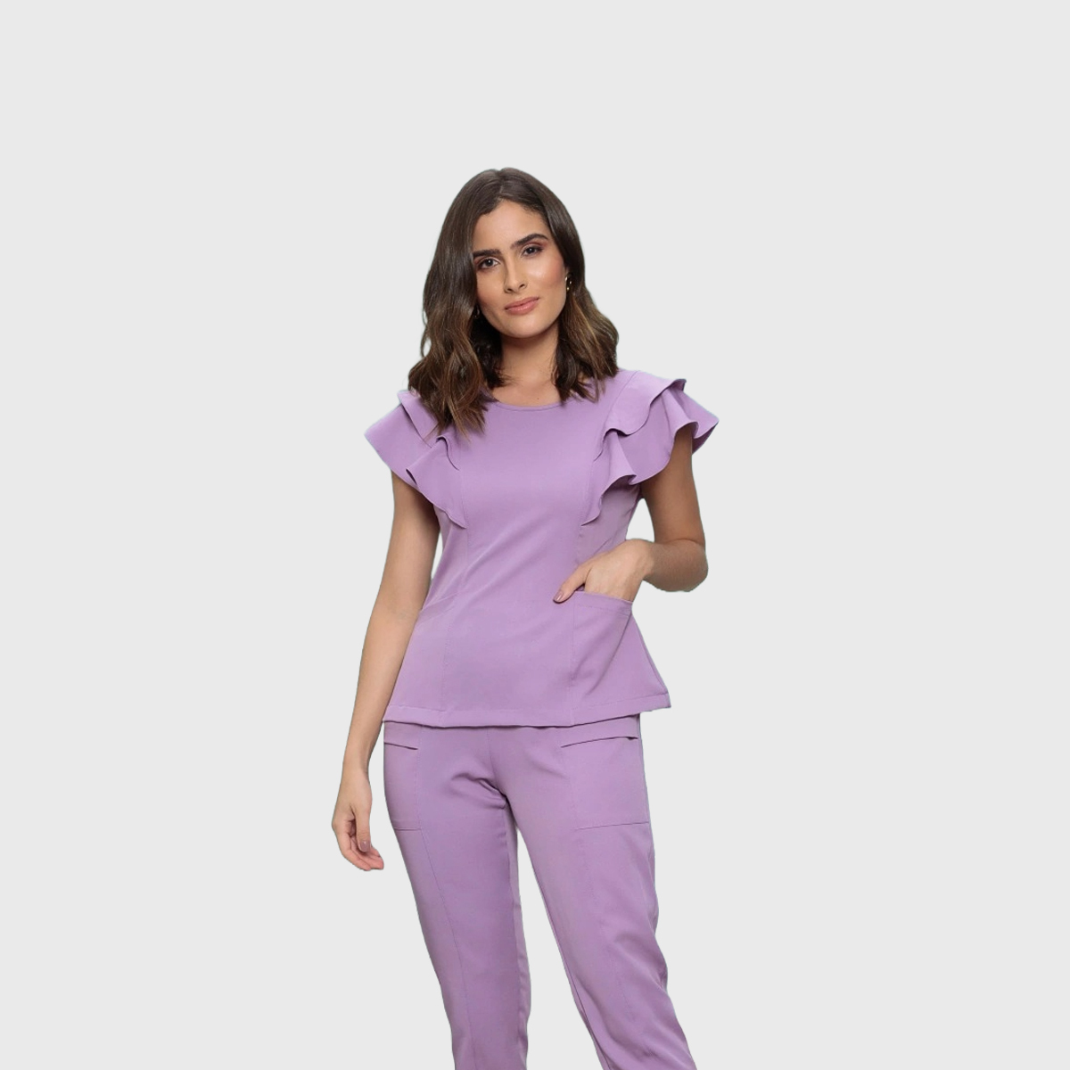 Women's Crew Neck Scrub Top with Ruffle Sleeve