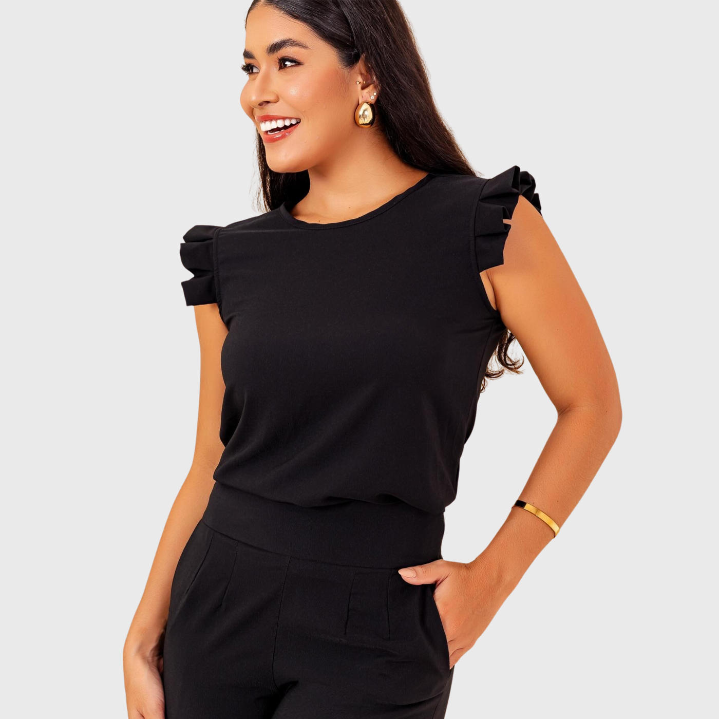 Women's Round Neck Ruffle Sleeve Tuckable Scrub Top