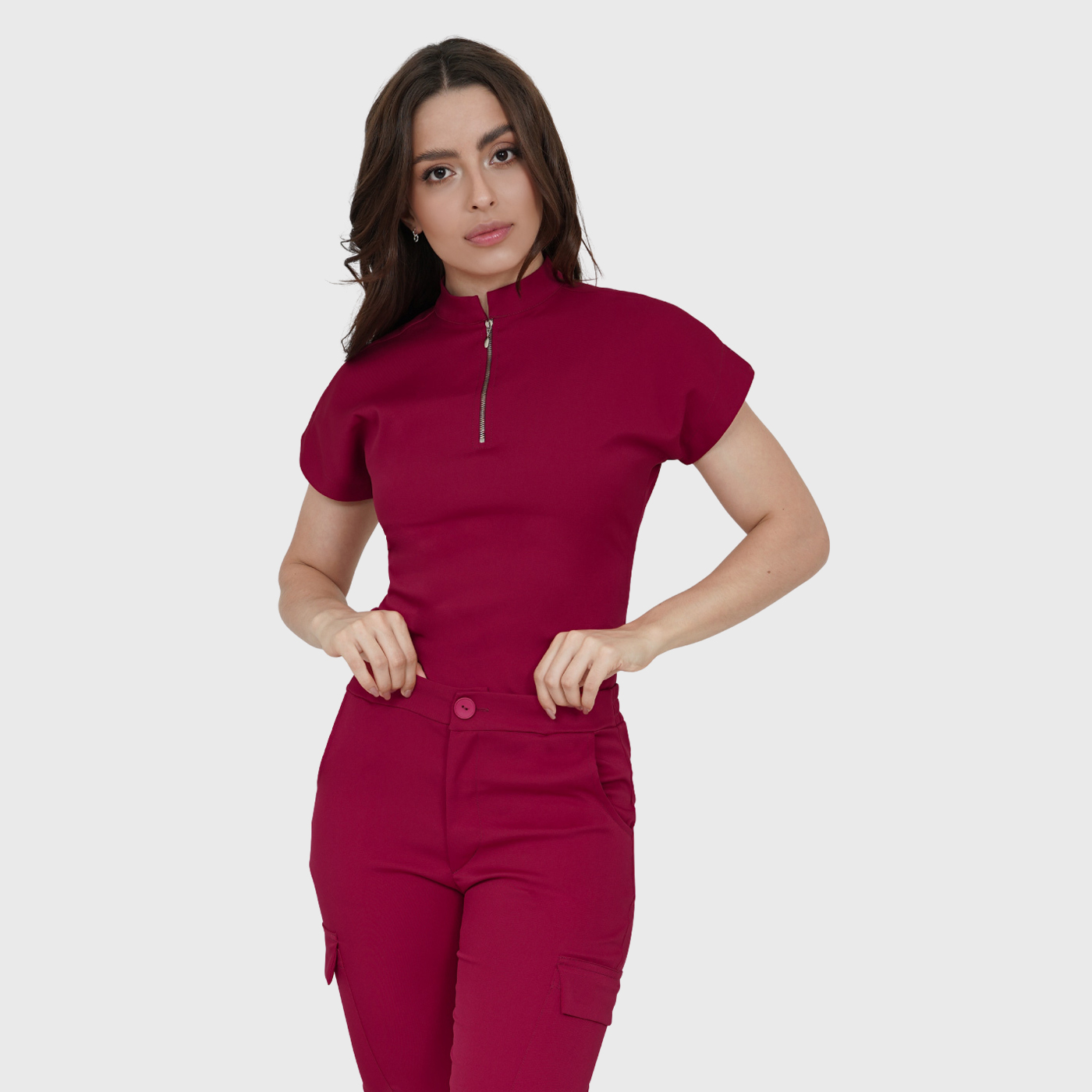 Women's Front Zip Mandarin Collar Scrub Top