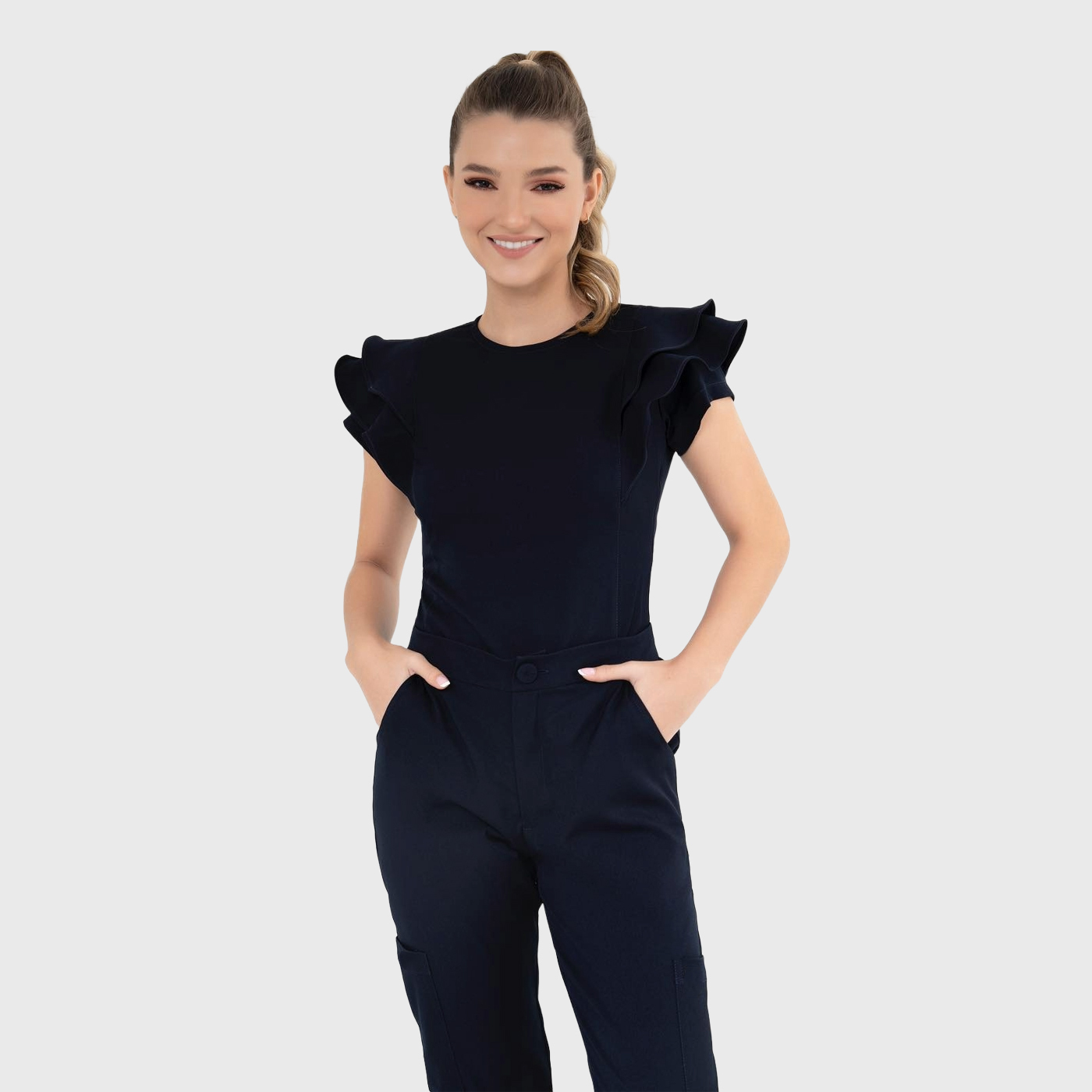 Clara Women's Crew Neck Scrub Top with Ruffle Sleeve