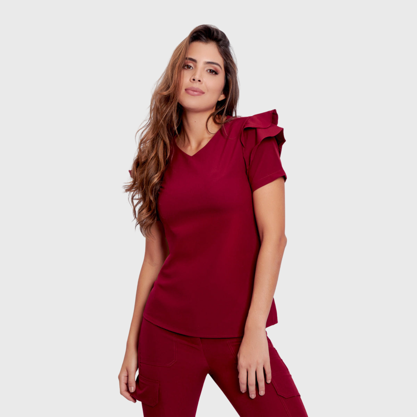 Women's V-Neck Ruffle Sleeve Scrub Top
