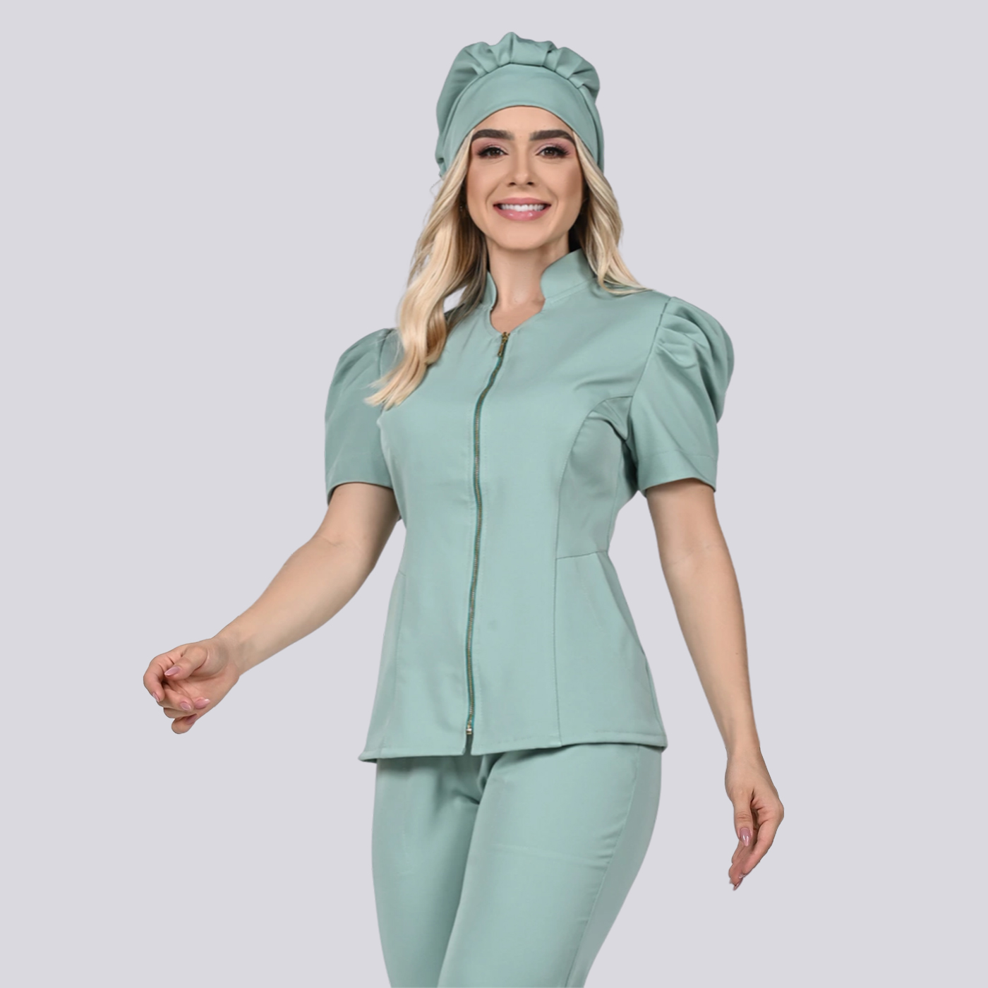Women's Zippered Puff Sleeve Workwear Scrub Top
