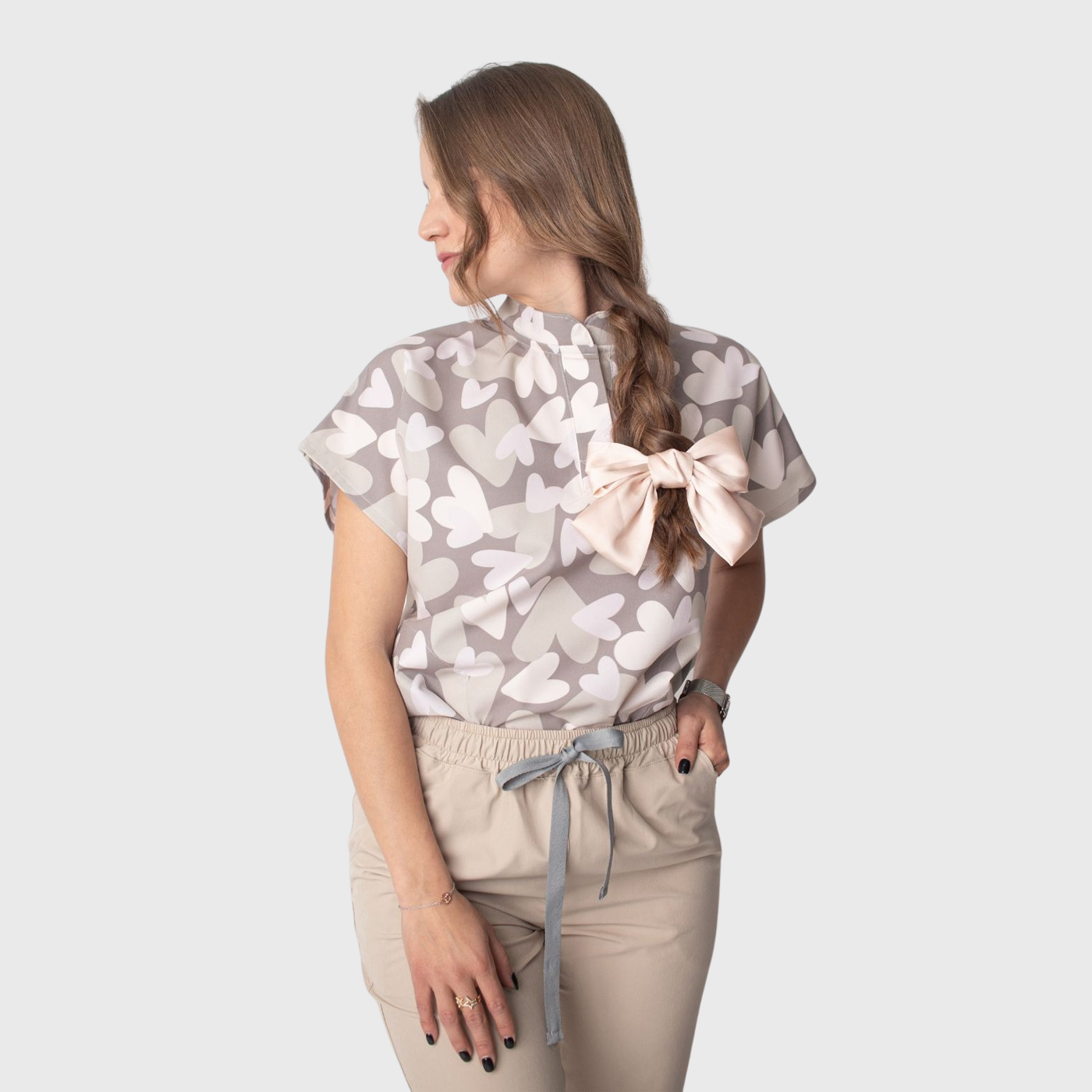 Women's Loose Fit Mandarin Collar Printed Scrub Top™