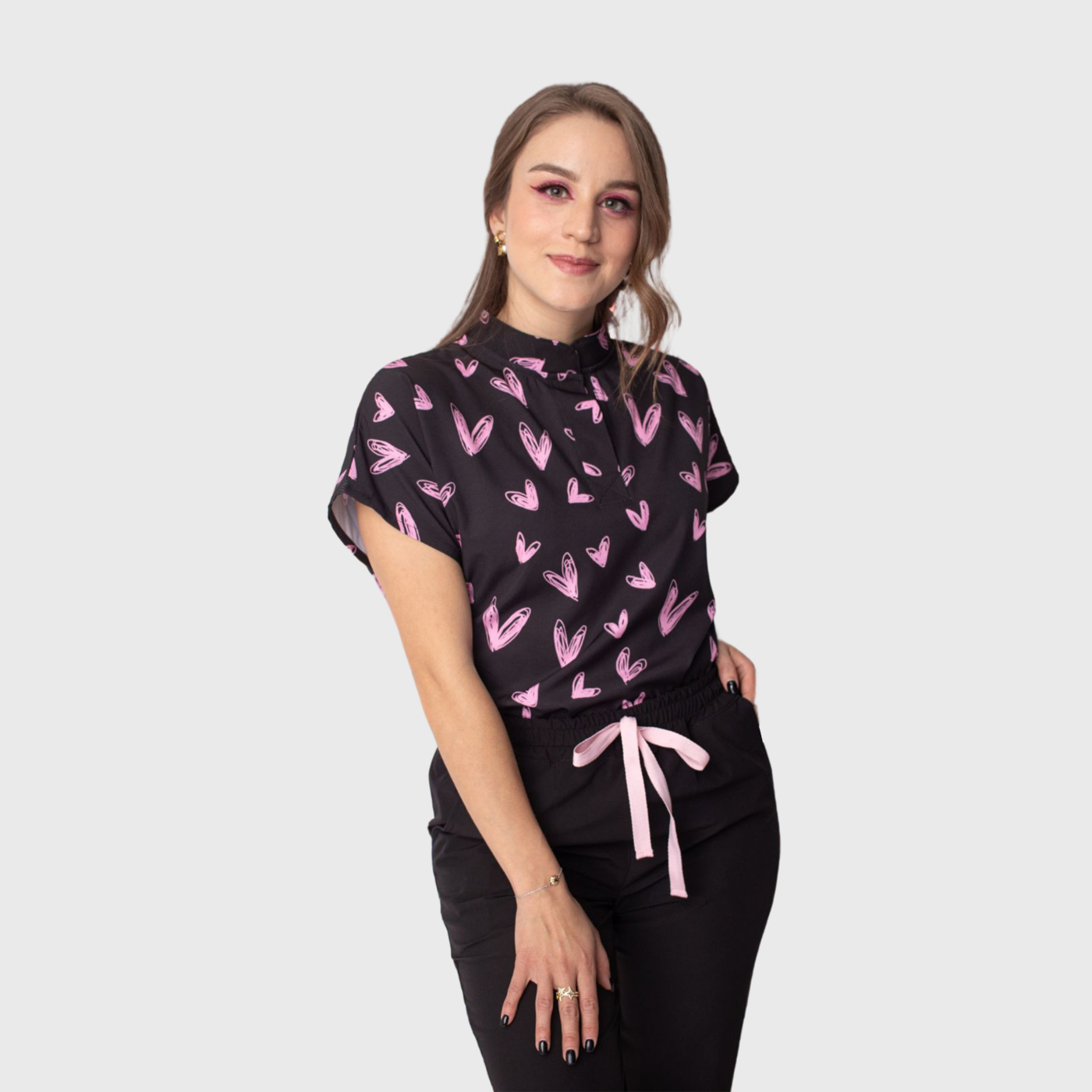 Women's Loose Fit Mandarin Collar Printed Scrub Top™