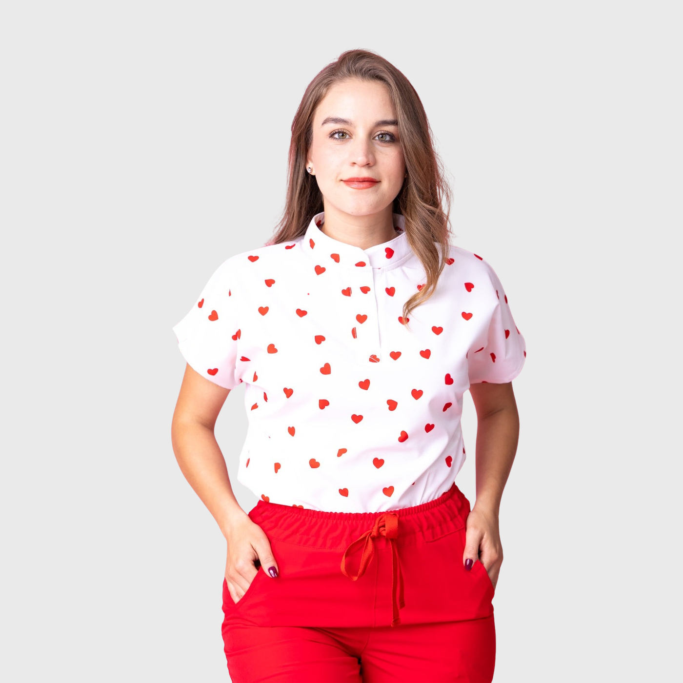 Women's Loose Fit Mandarin Collar Printed Scrub Top™