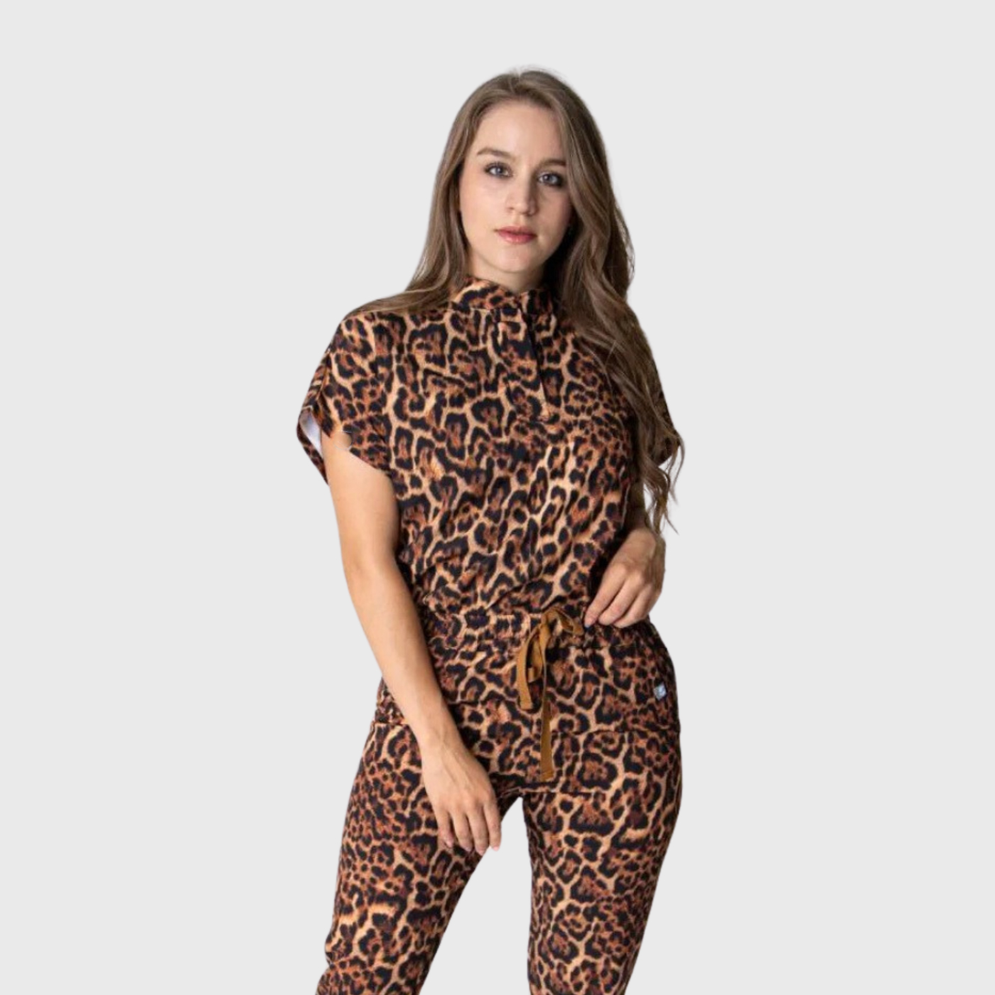 Women's Leopard Print Mandarin Collar Scrub Top