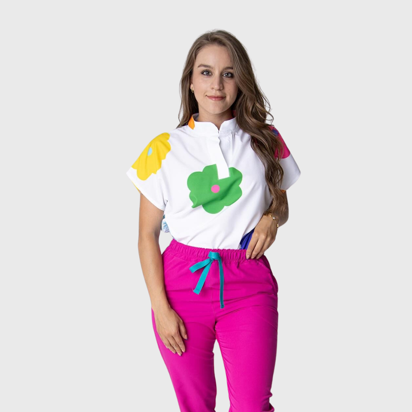 Women's Mandarin Collar Floral Printed Scrub Top