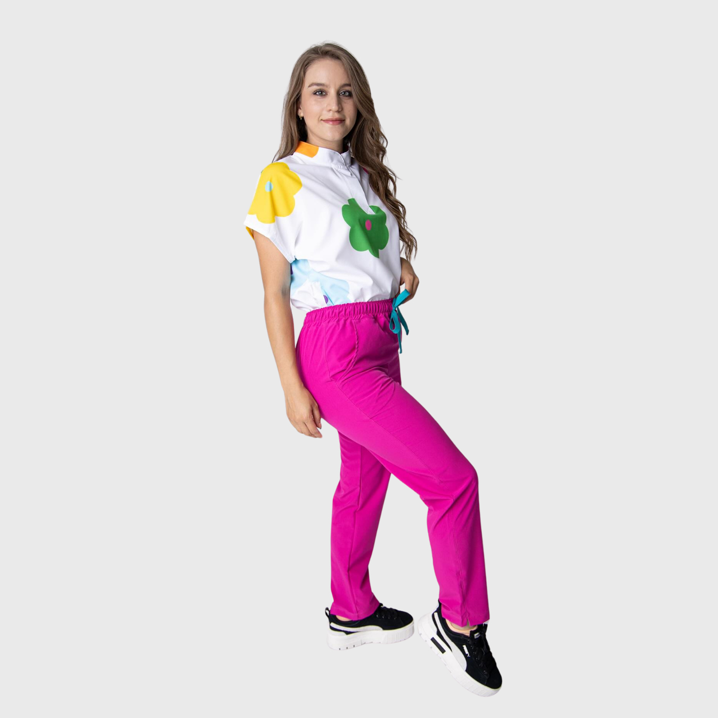 Women's Loose Fit Mandarin Collar Printed Scrub Top™