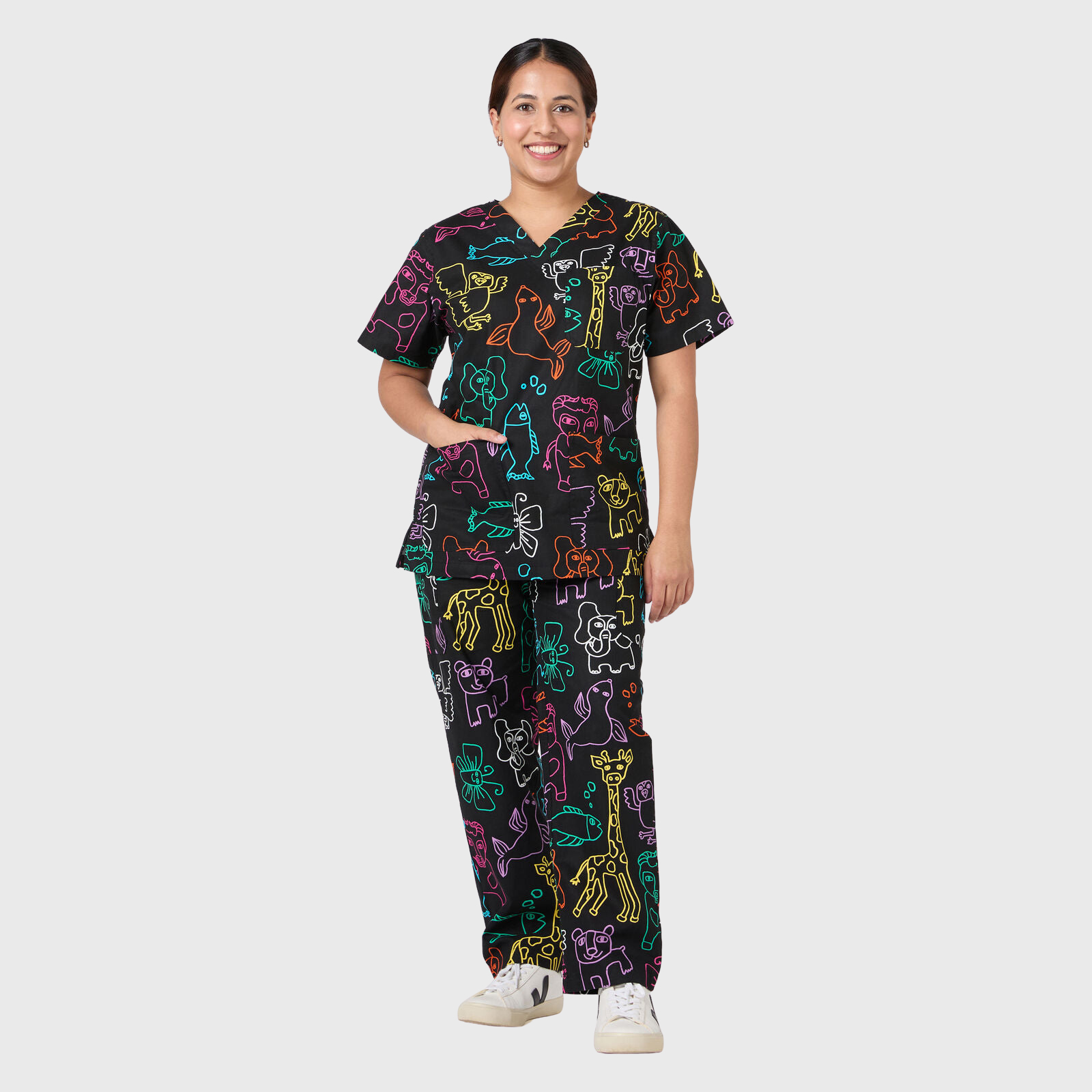 Women's Fluorescent Animals Printed Scrub Set NSP18