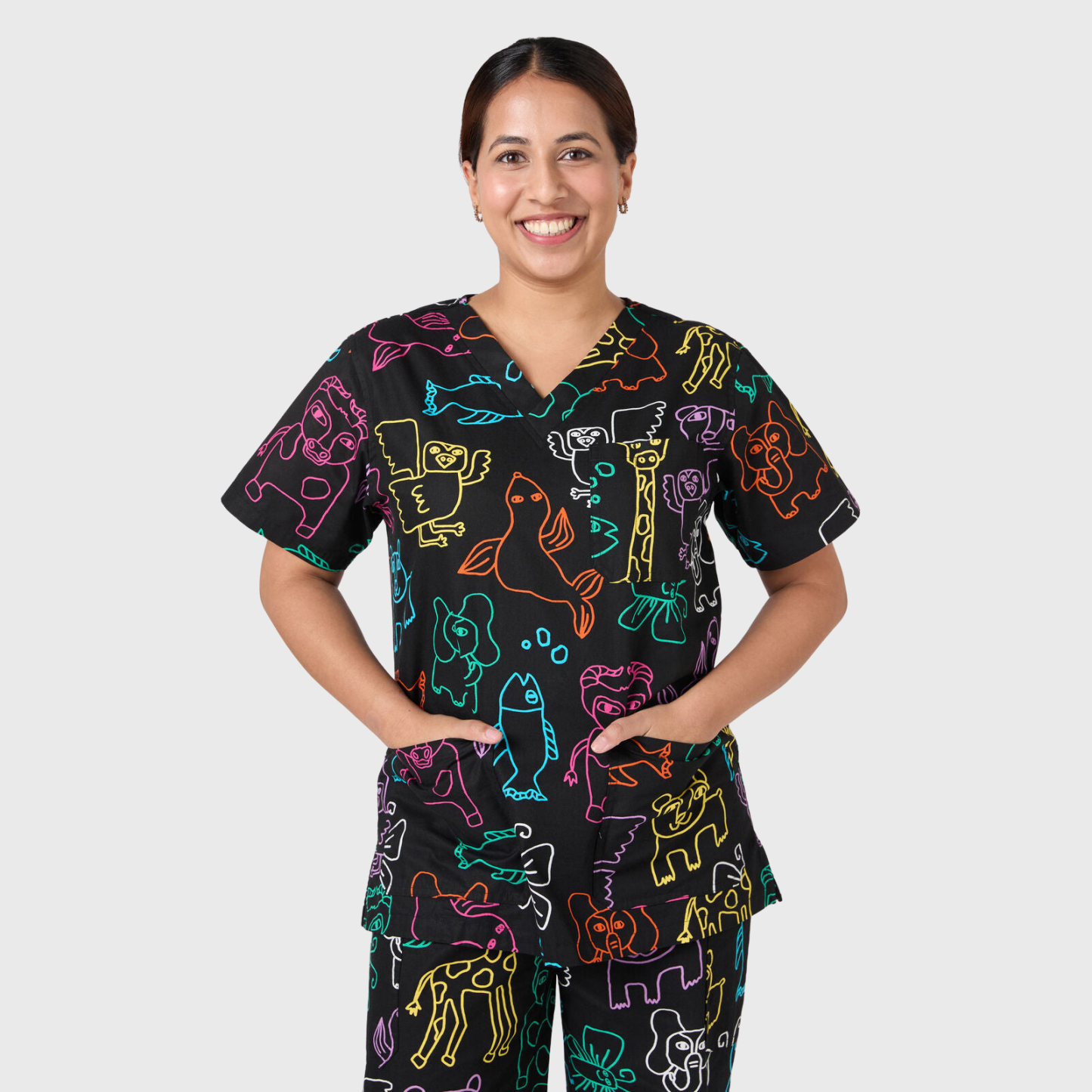 Women's Fluorescent Animals Printed Scrub Set NSP18