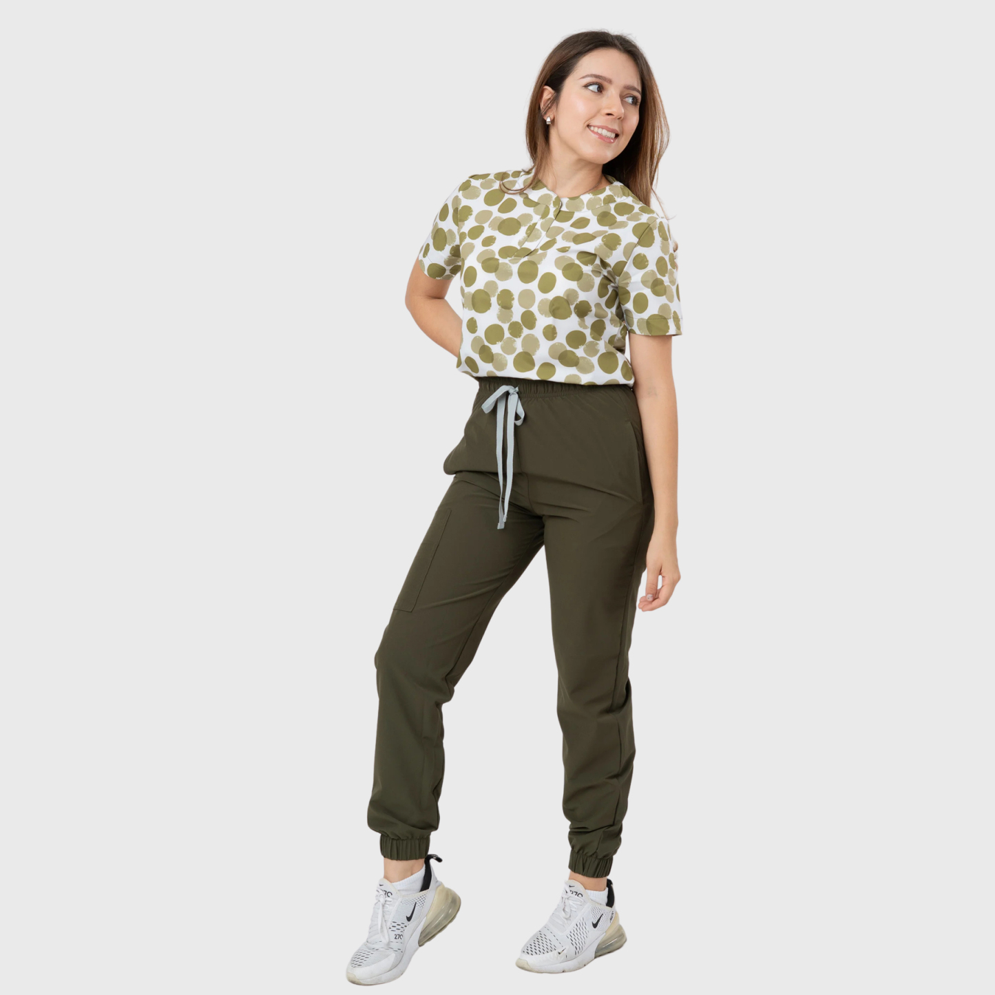Clara Women's Green Polka Dots Printed Scrub Set NST1