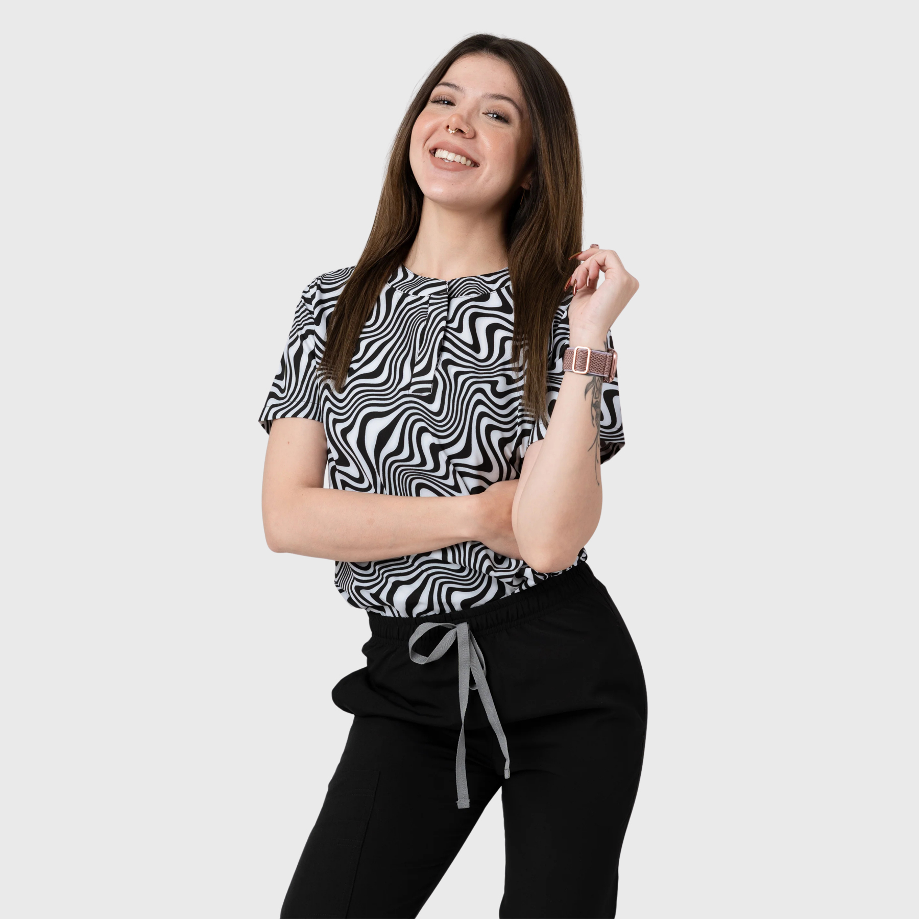 Women's Black Waves Printed Scrub Set NST25