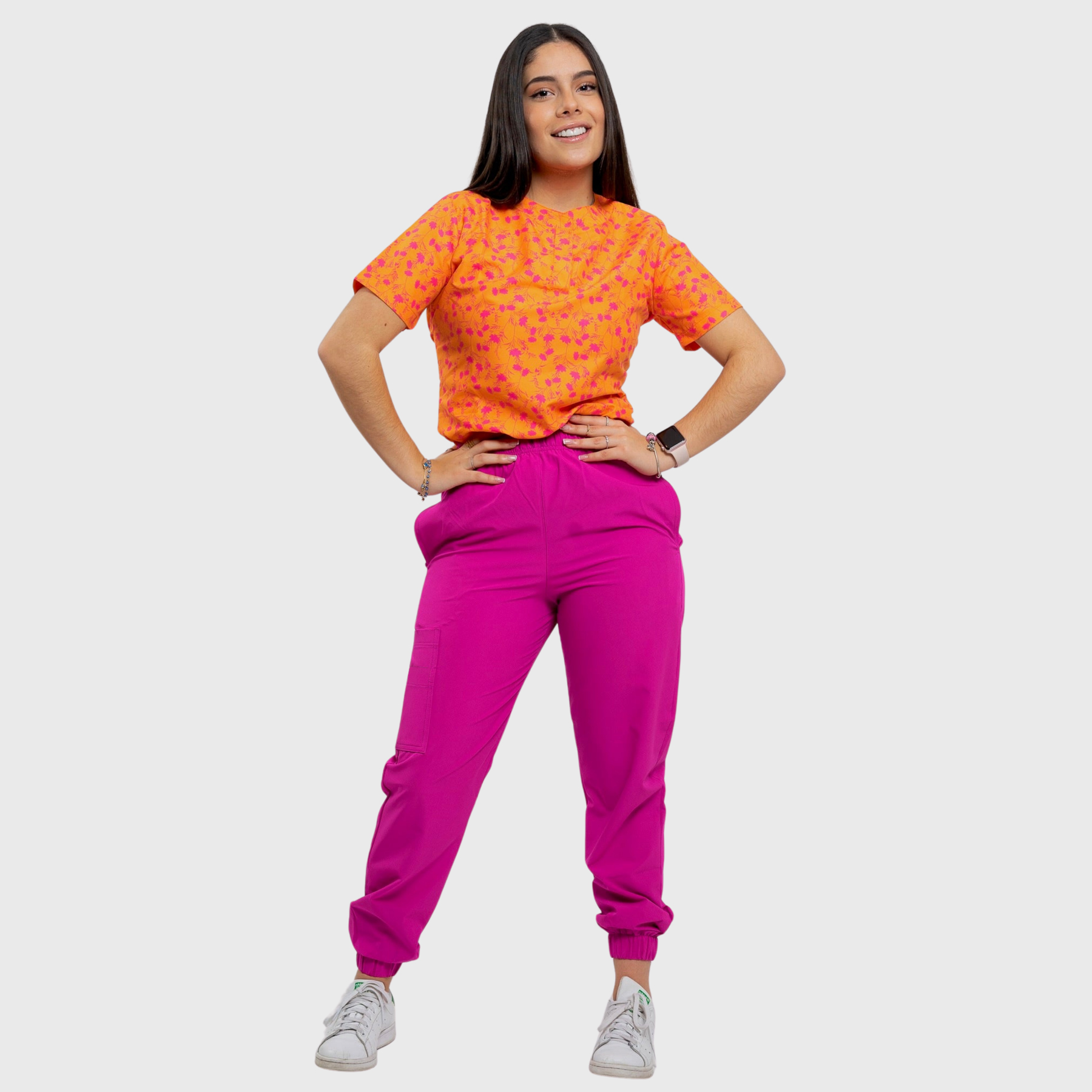 Clara Women's Orange Flower Printed Scrub Set NST26