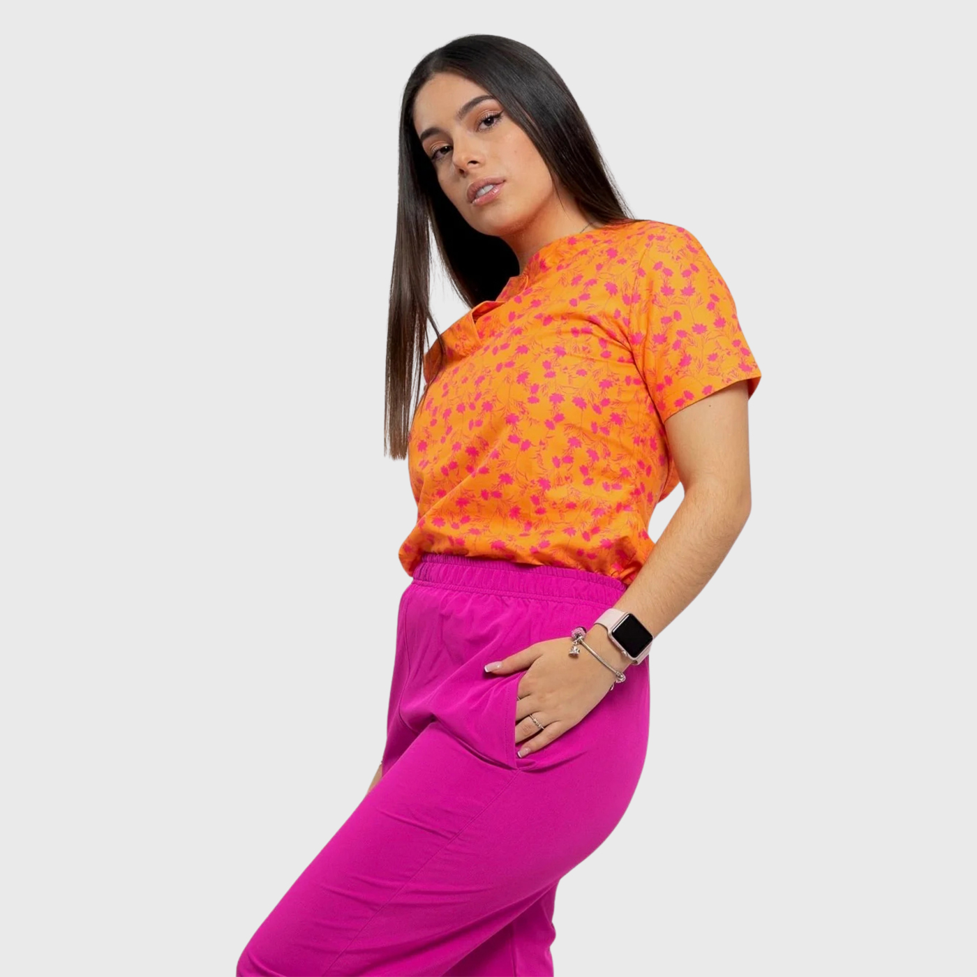 Women's Orange Flower Printed Scrub Set NST26
