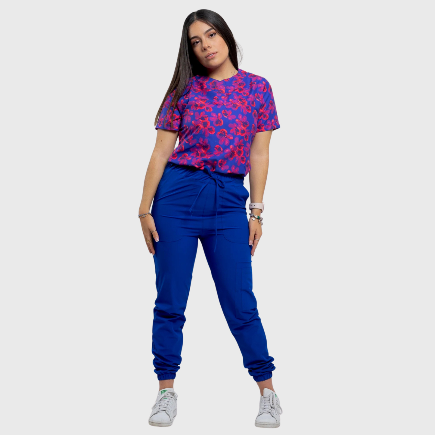 Women's Purple Tossed Blooms Printed Scrub Set NST3