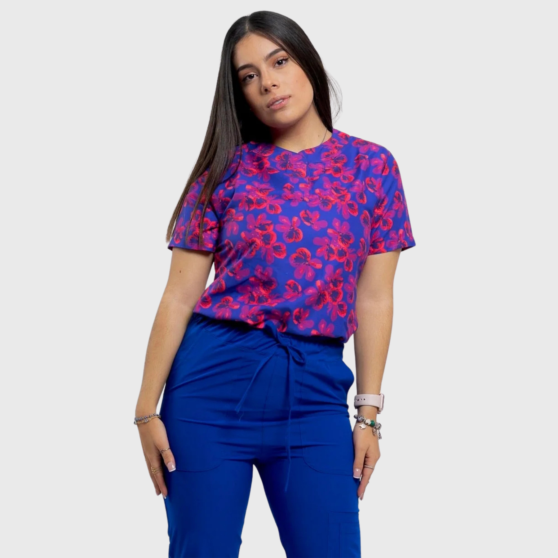 Women's Purple Tossed Blooms Printed Scrub Set NST3