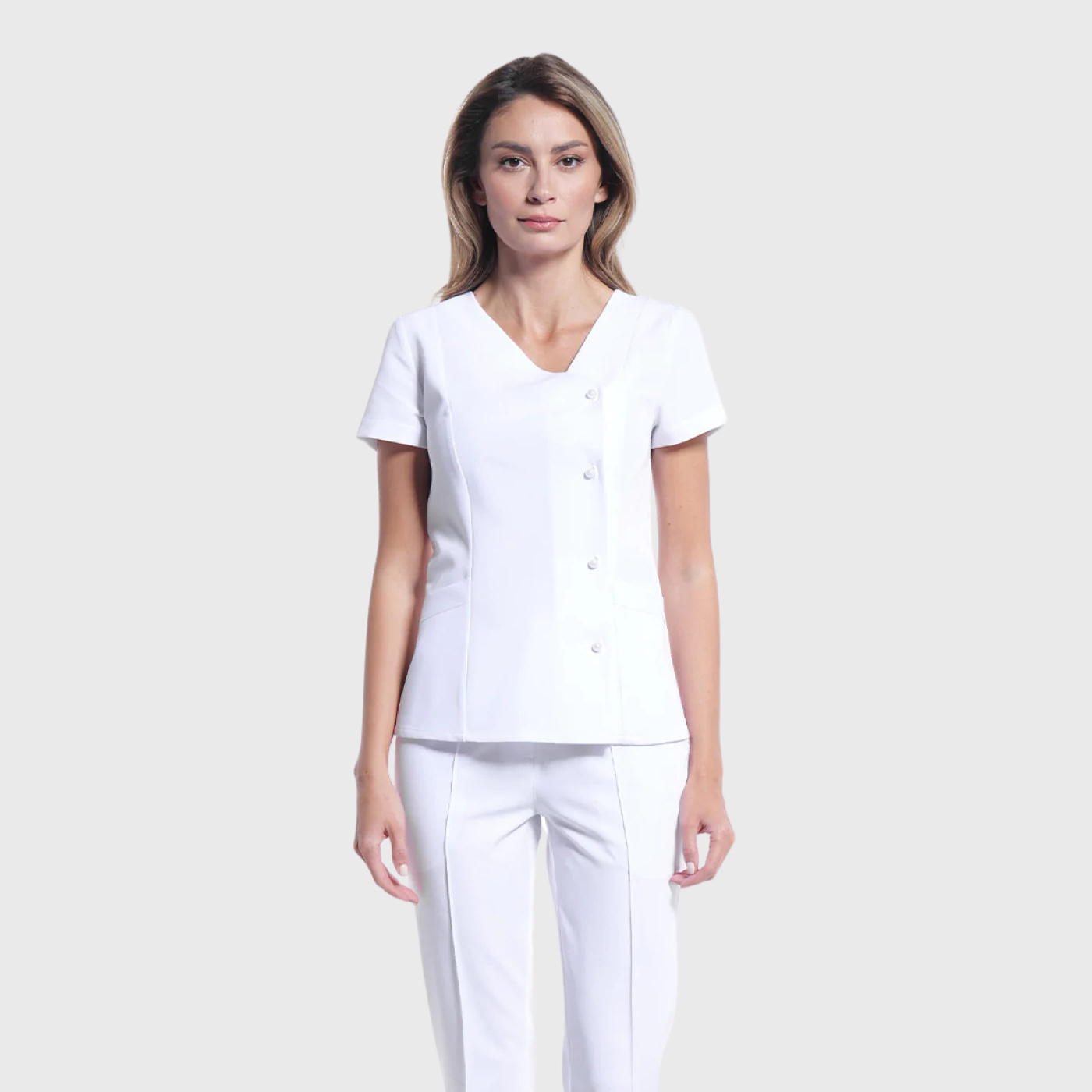 Women's Front Buttons 2-Pocket Slim Fit Scrub Top