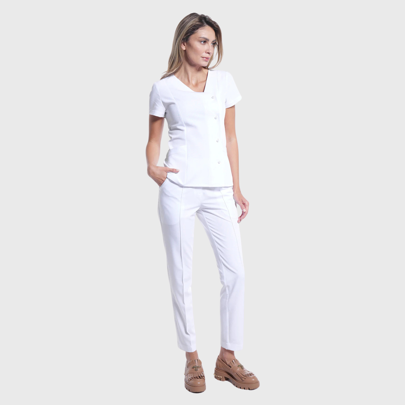 Women's Front Buttons 2-Pocket Slim Fit Scrub Top