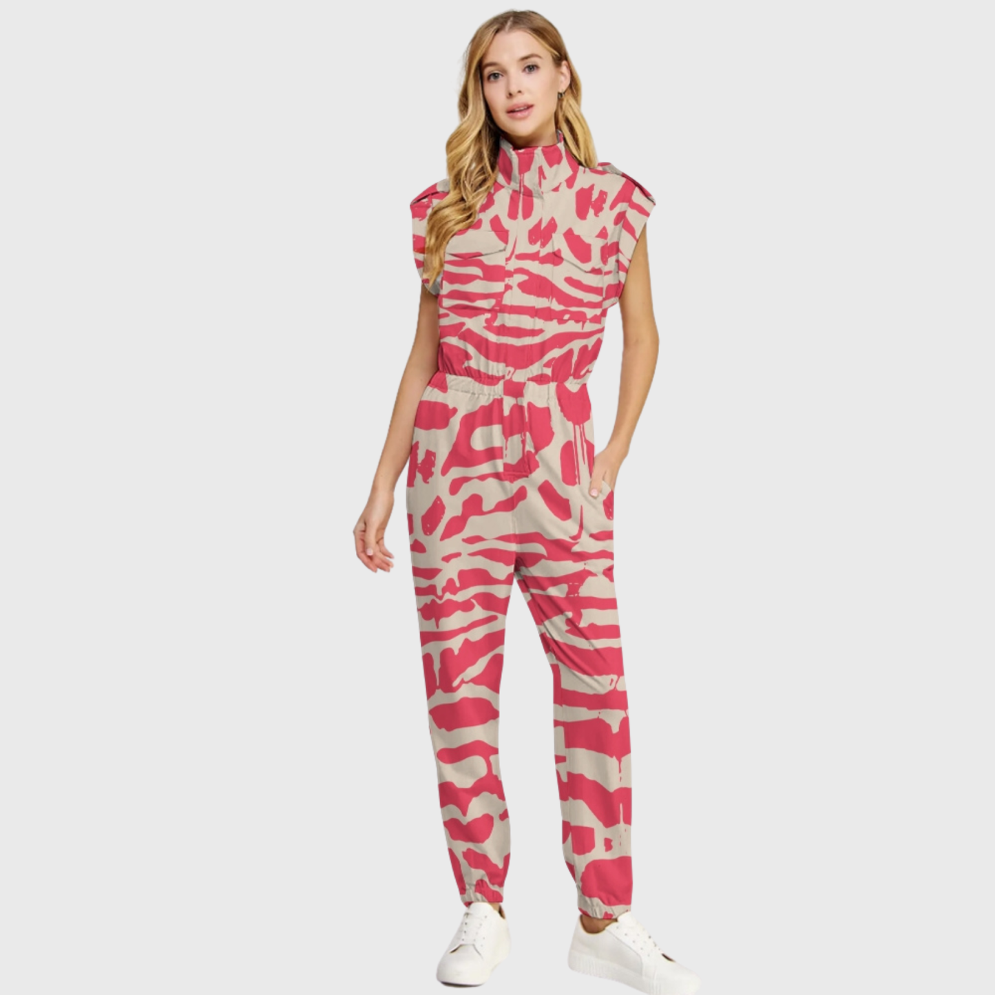 Women's High Neck Folded Sleeves with Epaulettes Jumpsuit