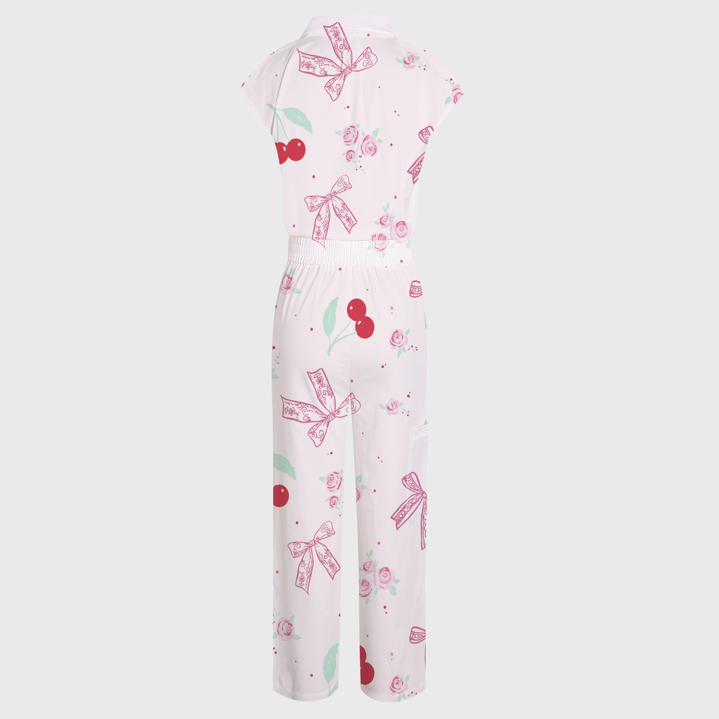 Women's Lapel Collar Wide Leg Cherry Print Scrub Jumpsuit