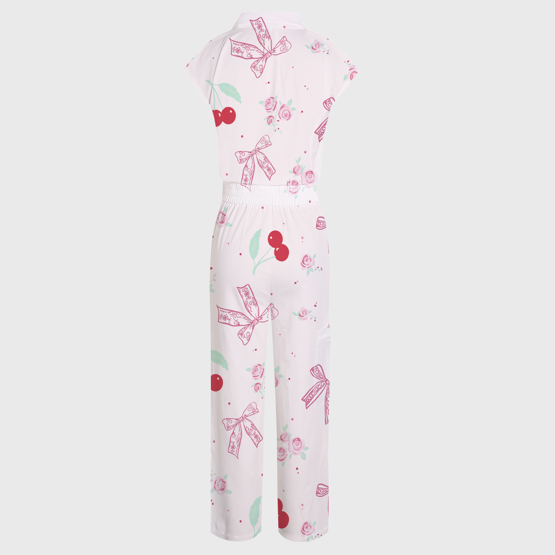 Women's Lapel Collar Wide Leg Cherry Print Scrub Jumpsuit
