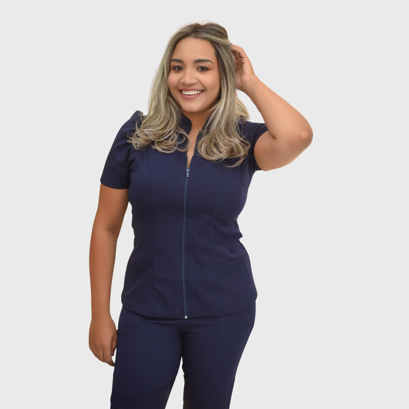 Women's Mandarin Collar Front Zip Scrub Top with Puff Sleeve