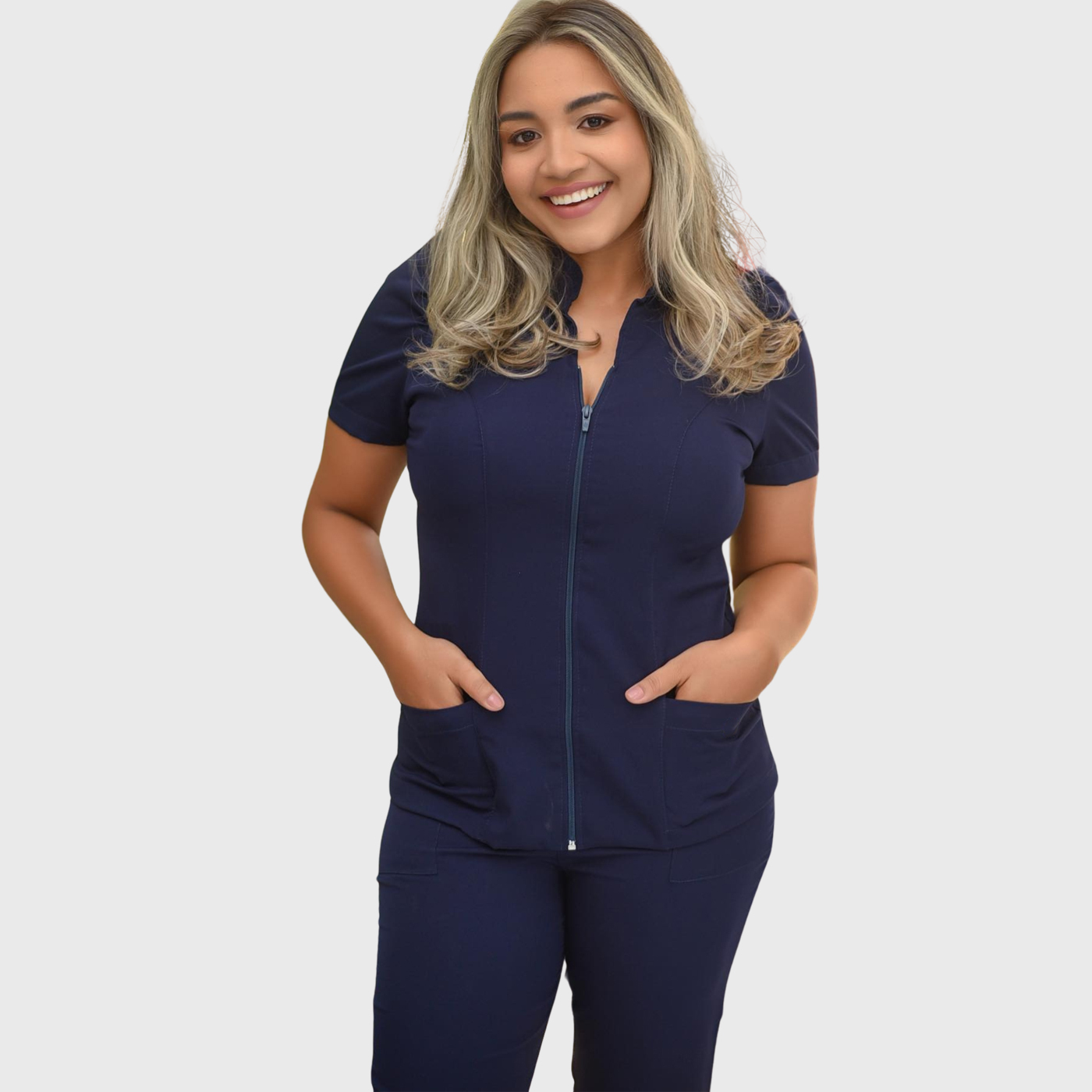 Women's Mandarin Collar Front Zip Scrub Top with Puff Sleeve