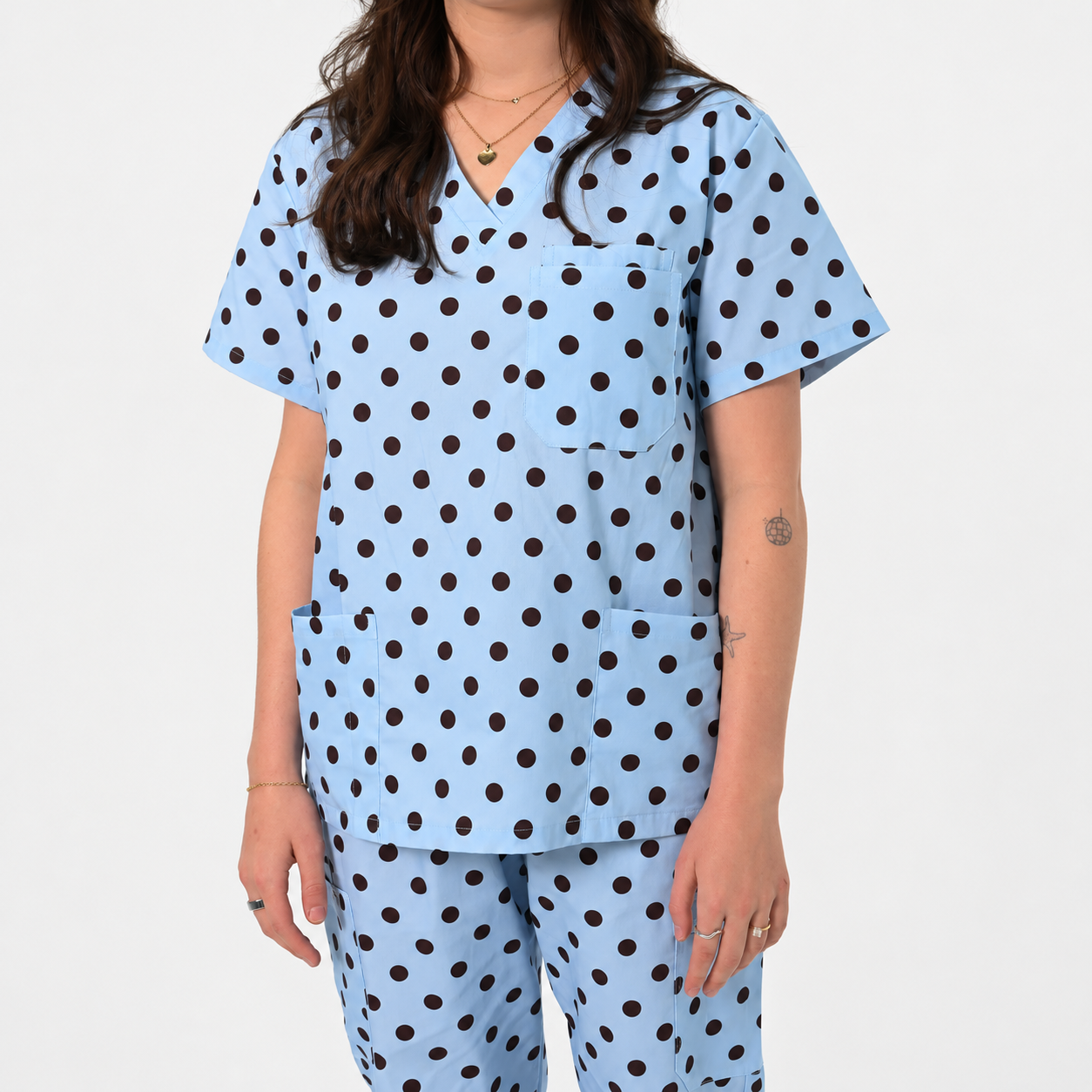 Women’s V-Neck 3-Pocket Cocoa Sky Polka Dot Printed Scrub Top