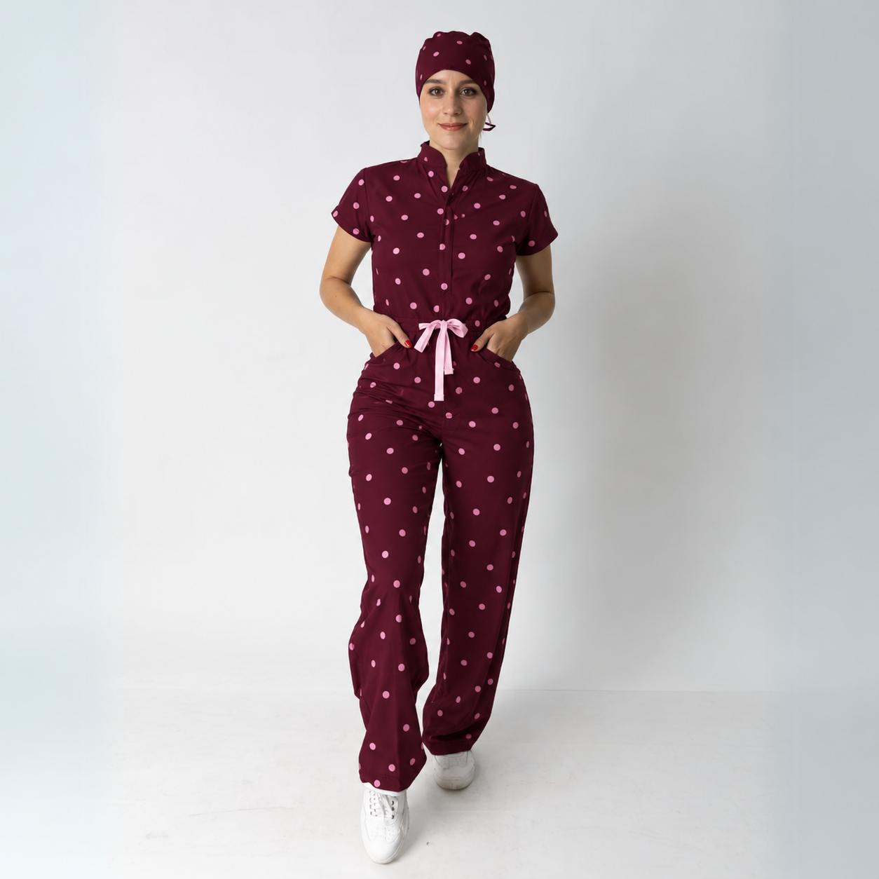 Women’s Stand Collar Waist Tie Burgundy Polka Dot Wide Leg Scrub Jumpsuit