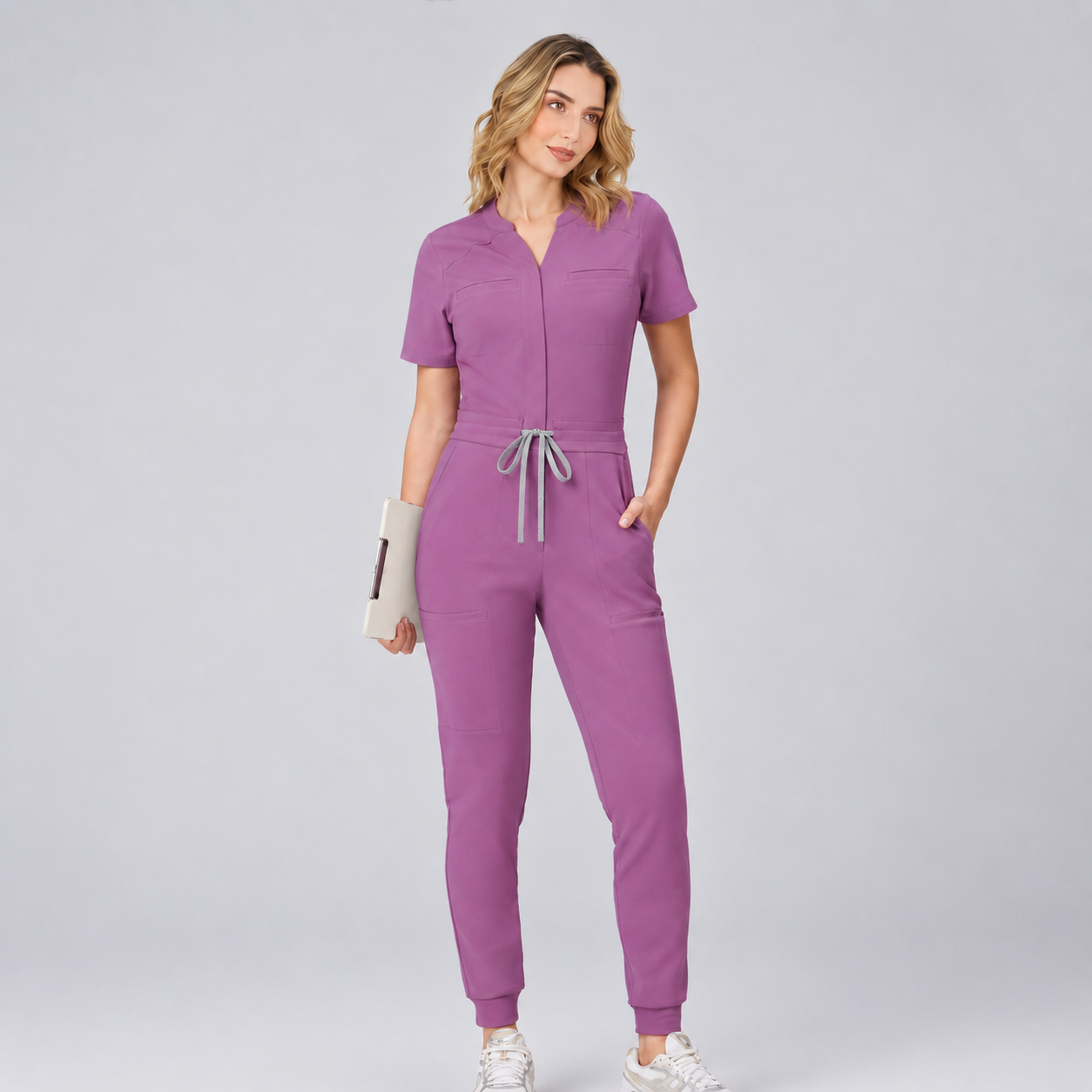 Women's Multi-Pocket Drawstring Jogger Scrub Jumpsuit